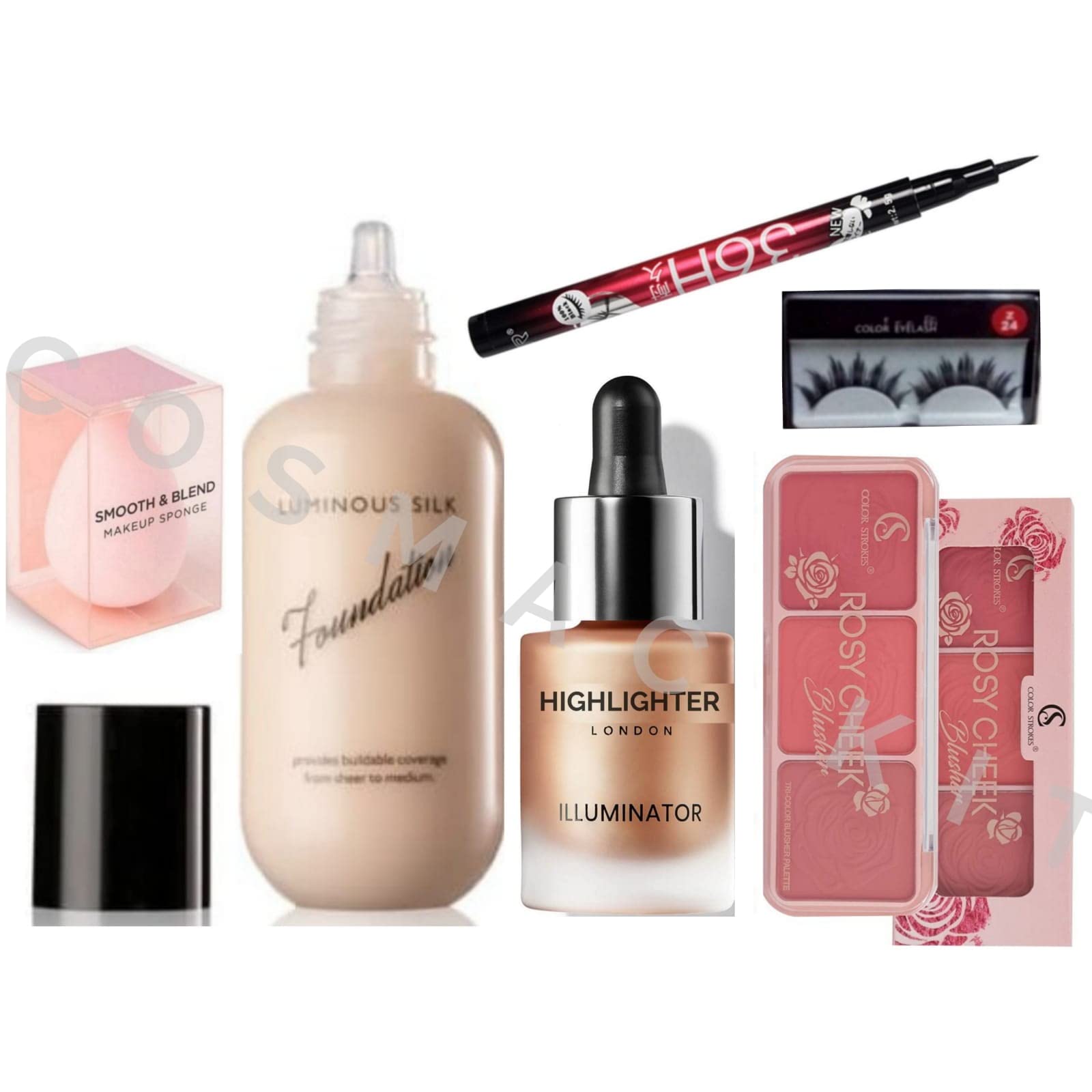 Professional Cosmac Makeup Kit for Women & Girls - 6-Piece Set with Foundation, Blender, Highlighter, Blusher, Eyelashes & Eyeliner | Perfect for Everyday Makeup, Special Occasions & Professional Use