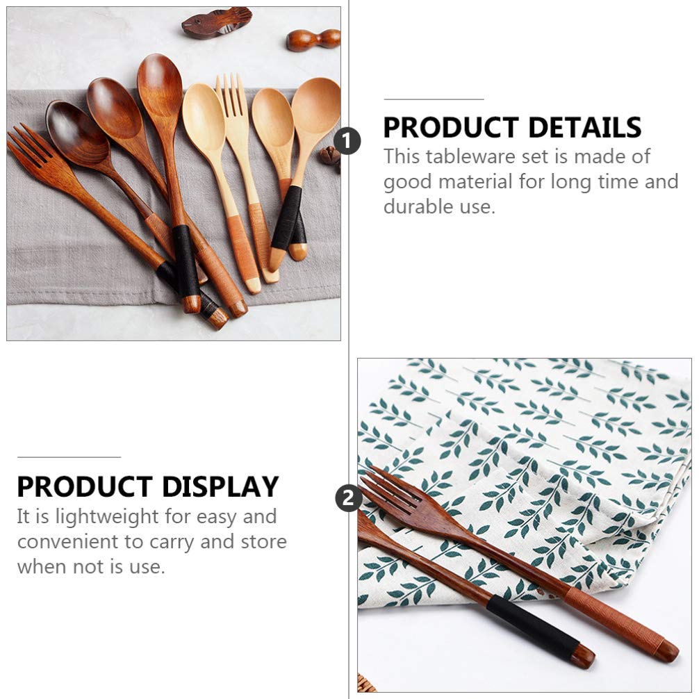 Japanese Wooden Handle Fork and Spoon Set - Eco-Friendly Bamboo Flatware for Everyday Dining, Picnics, Camping & Travel - Portable Wooden Cutlery for Home, Office & Outdoor Use