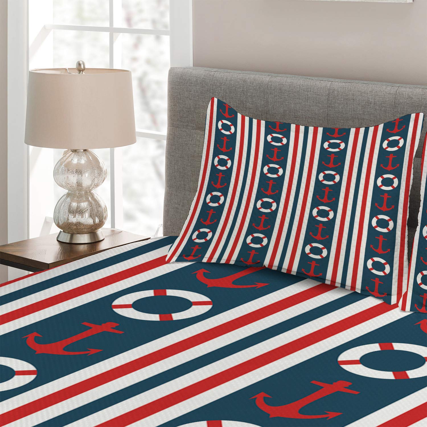 Ambesonne Nautical Quilt Set Queen Size - 3 Piece Maritime Bedspread with Steering Wheel & Anchor Pattern, Striped Vertical Borders in Indigo Red White - Perfect for Coastal Themed Bedrooms, Guest Rooms & Beach House Decor