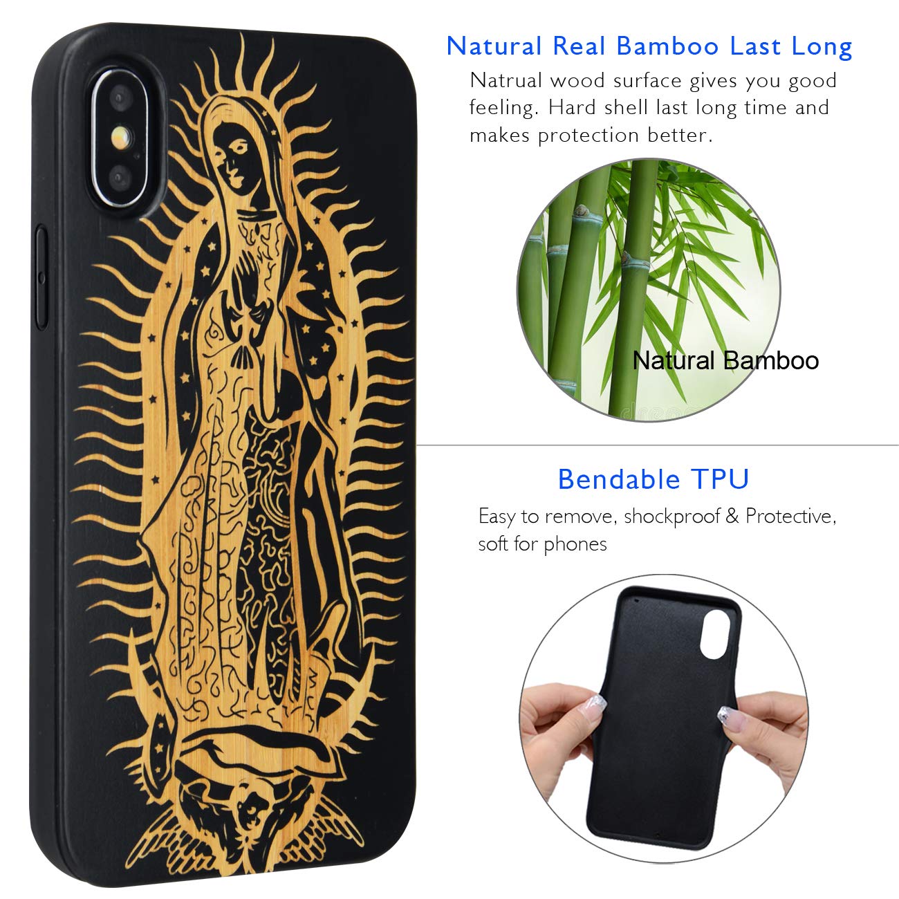 iProductsUS Wooden Phone Case for iPhone XR with Screen Protector - Engraved Virgin Mary Black Bamboo Cover, Built-in Metal Plate, Wireless Charging Compatible, Shockproof TPU Case (6.1 Inch) - Perfect for Daily Protection & Religious Devotion
