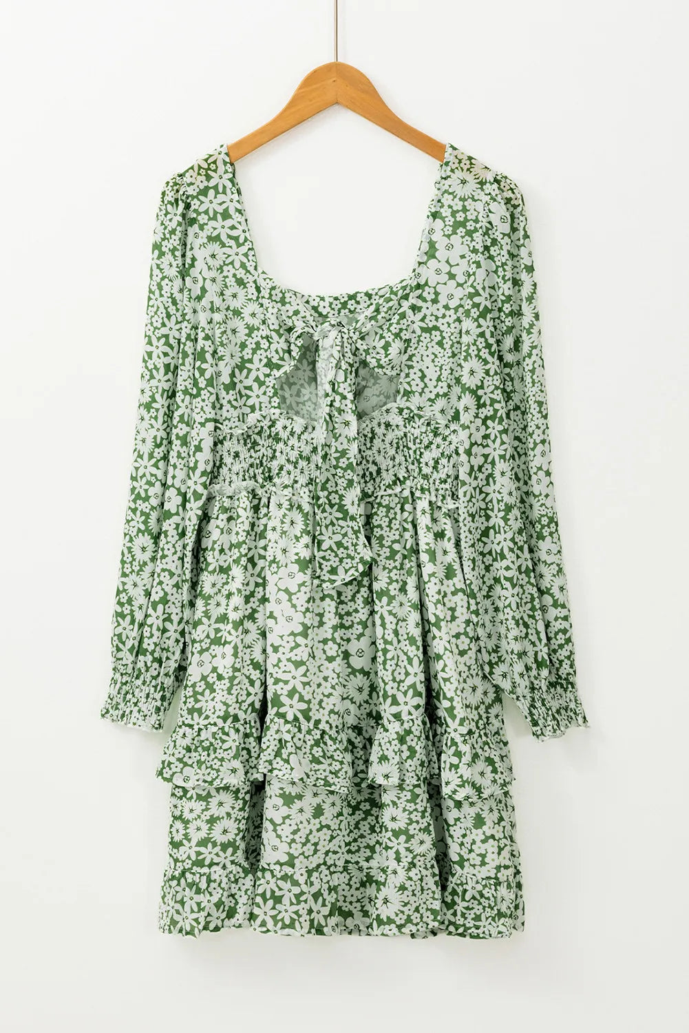 Elegant Floral Print Square Neck Long Sleeve Dress with Ruffle Hem - Perfect for Spring Weddings, Garden Parties & Date Nights