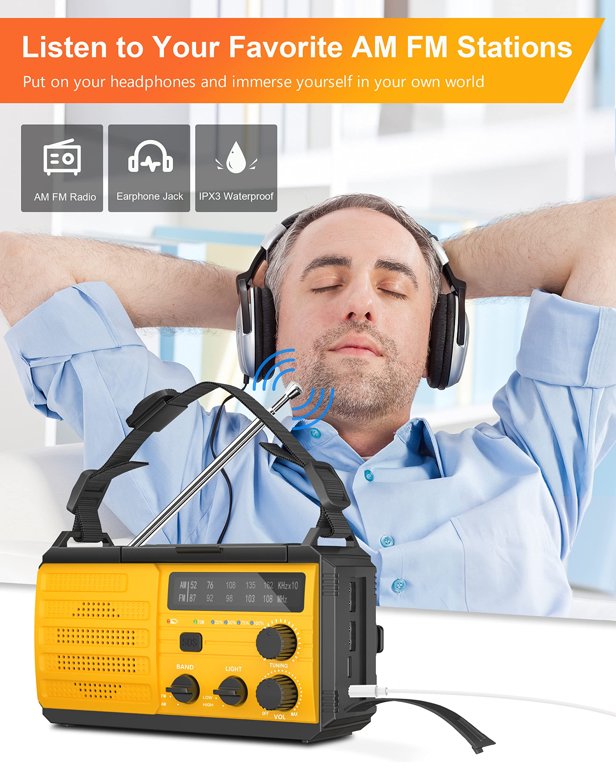 Solar Hand Crank Emergency Radio - 8000mAh AM/FM Weather Radio with USB Phone Charger, LED Flashlight, SOS Alarm & Compass | Portable Survival Gear for Camping, Hiking & Power Outages