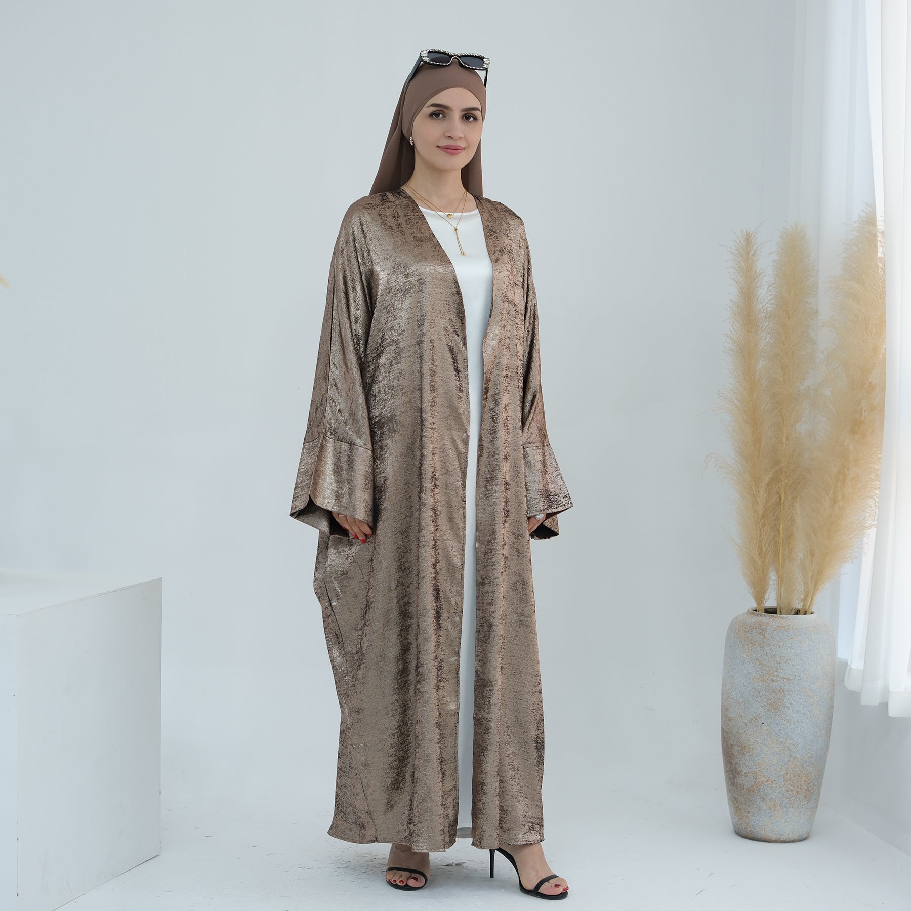 Draya Shimmer Kimono Open Abaya - Elegant Brown Islamic Robe for Women | Perfect for Prayer, Eid, and Special Occasions