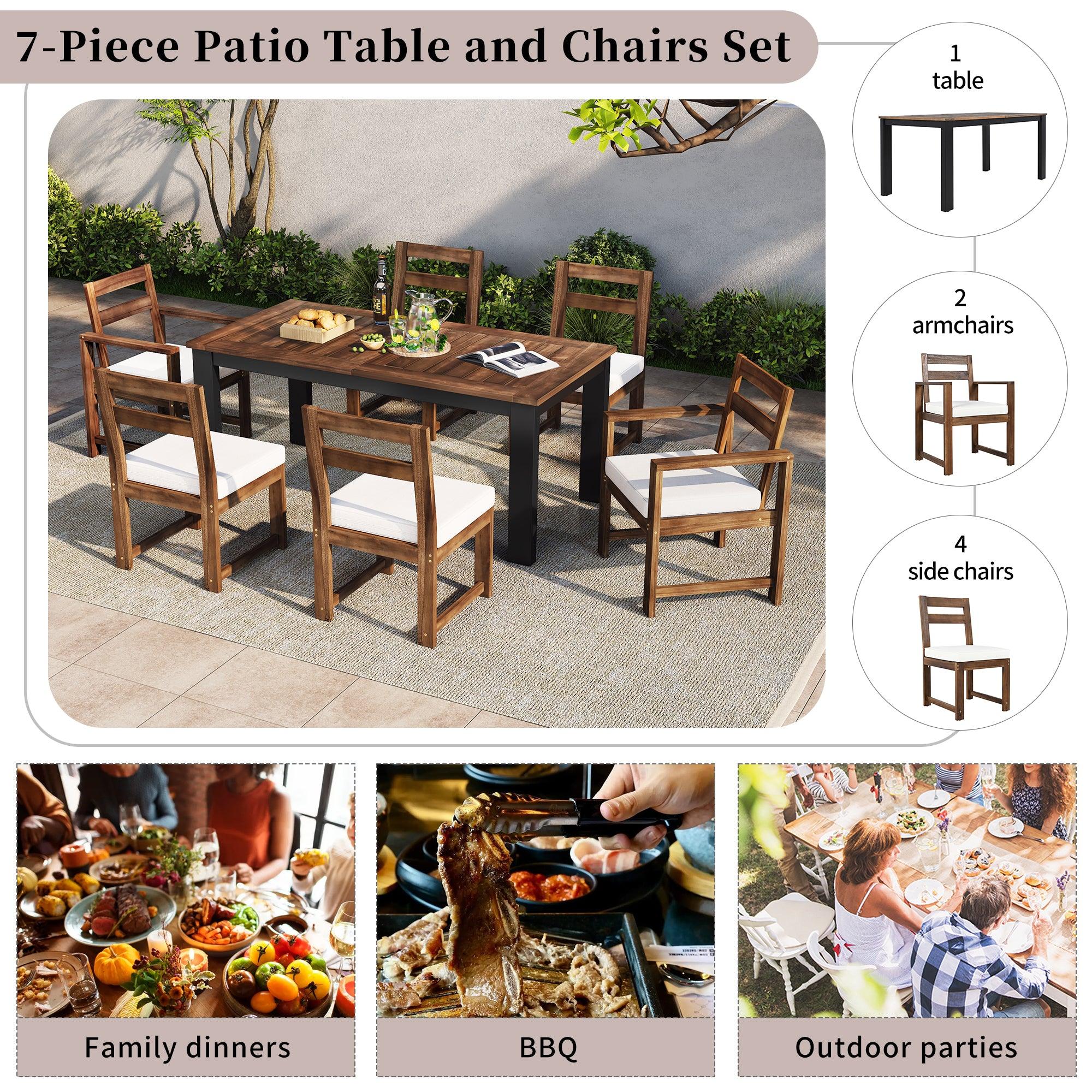 7-Piece Outdoor Patio Dining Set - Wooden Table with Umbrella Hole & 6 Chairs (2 Armchairs + 4 Side Chairs) for Garden, Backyard, Poolside - Perfect for BBQs, Family Gatherings & Outdoor Entertaining