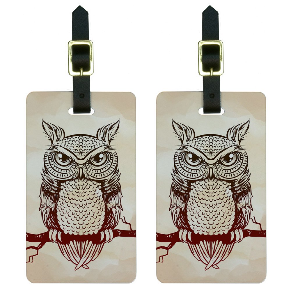 Rustic Owl on Branch Bird Luggage Tags - Set of 2 Suitcase ID Tags for Carry-On & Travel Bags - Perfect for Vacation, Business Trips & Unique Gift Ideas