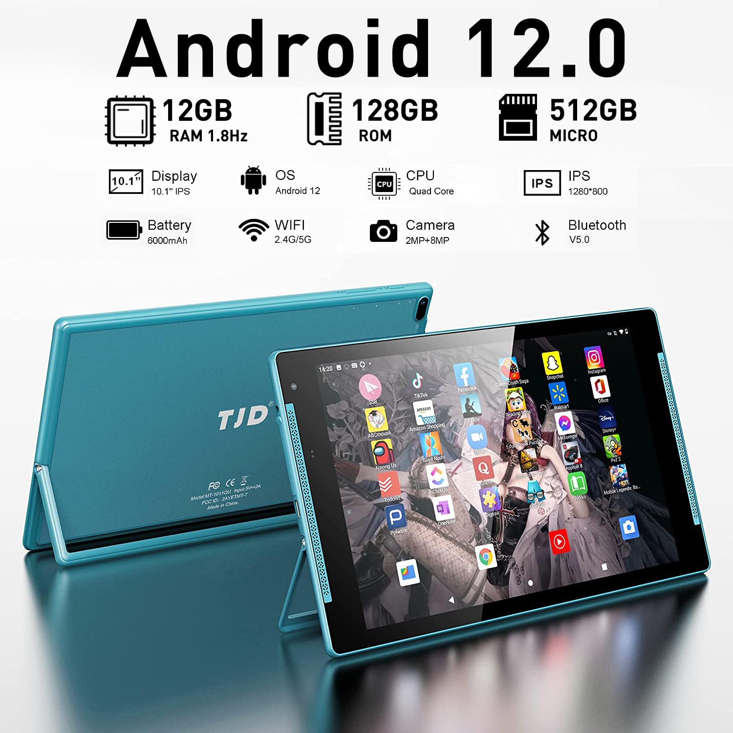 10.1 Inch Android Tablet with Stand - 12GB RAM 128GB ROM (Expandable to 512GB), HD IPS Screen, 8MP Rear & 2MP Front Camera, Wi-Fi, Bluetooth - Perfect for Work, Study, and Entertainment (Blue01)