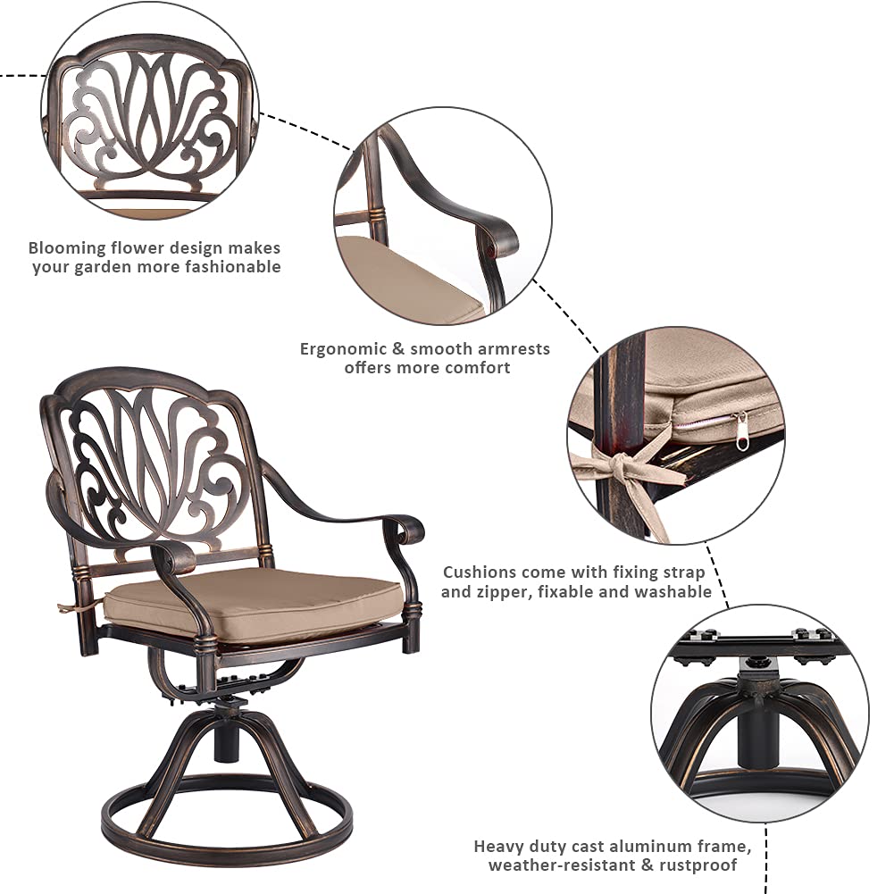 2-Piece Outdoor Patio Dining Set - Cast Aluminum Bistro Swivel Arm Chairs in Bronze (Khaki) - Perfect for Backyard, Garden, Poolside & Restaurant Outdoor Seating