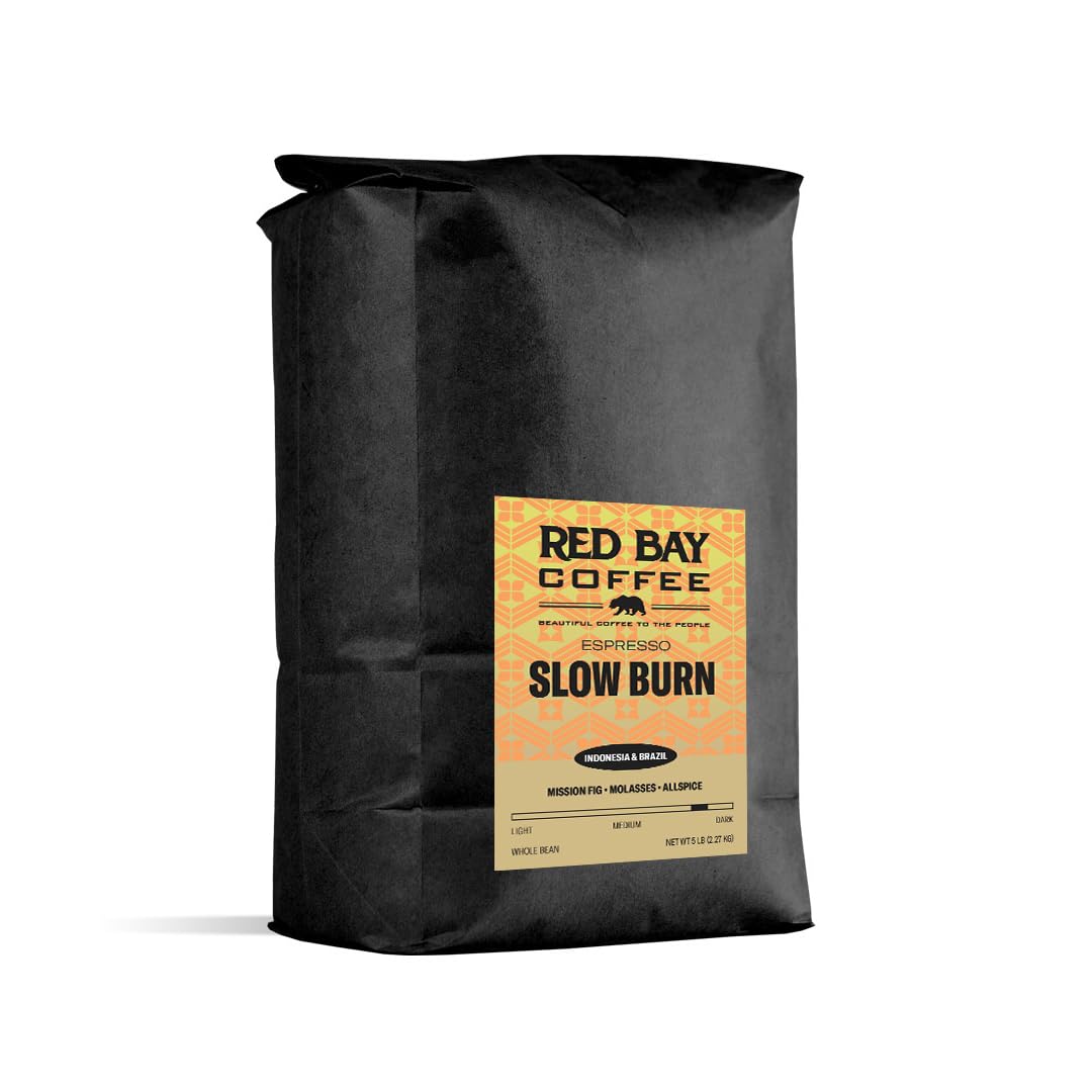 Red Bay Coffee Slow Burn Espresso Dark Roast Whole Bean Coffee - Premium Blend of Brazilian & Sumatra Coffee Beans - 5 LB Resealable Bag - Perfect for Espresso Machines, French Press & Cold Brew at Home or Office