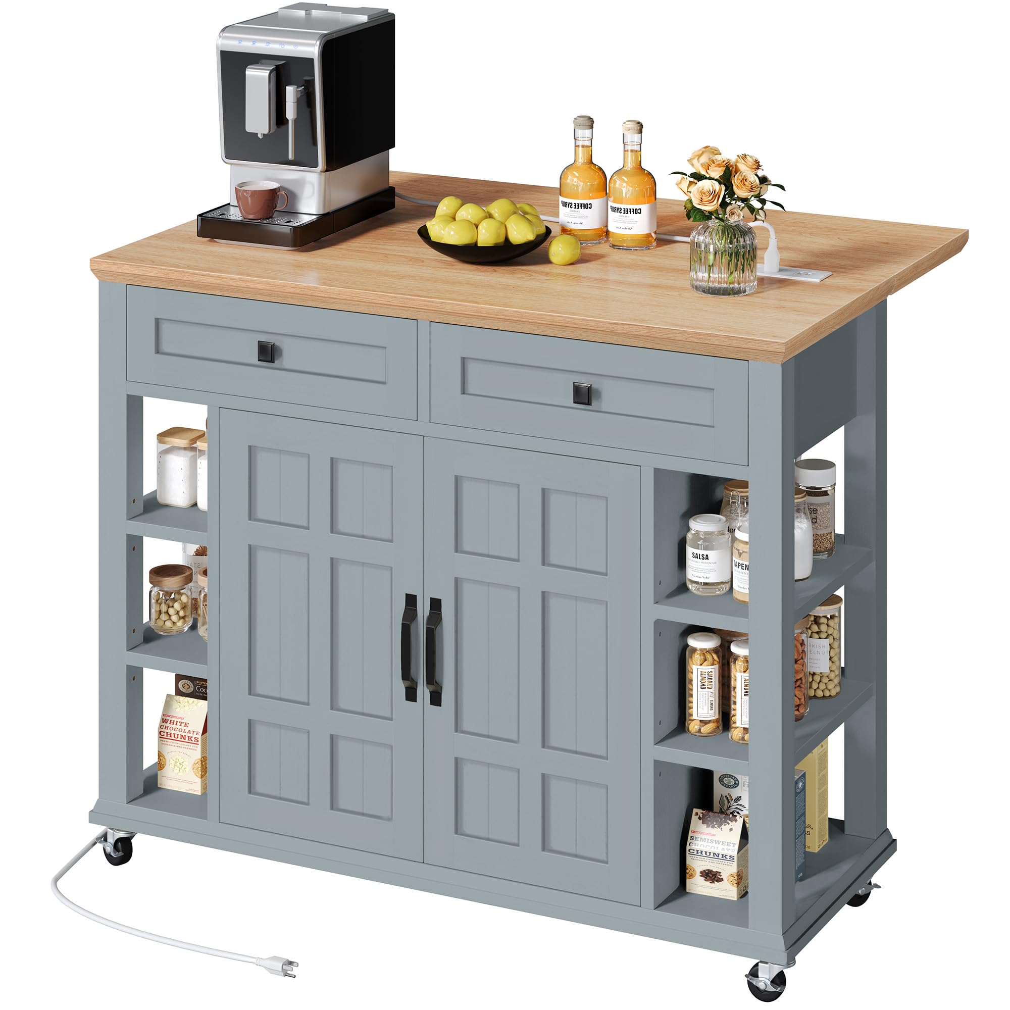 YITAHOME Kitchen Island with Drop Leaf & Power Outlet - Rolling Kitchen Cart on Wheels, Americana Style Cabinet with Open Shelves & Thick Rubberwood Top - Grey Blue for Small Kitchen, Dining Room & Apartment Cooking Space
