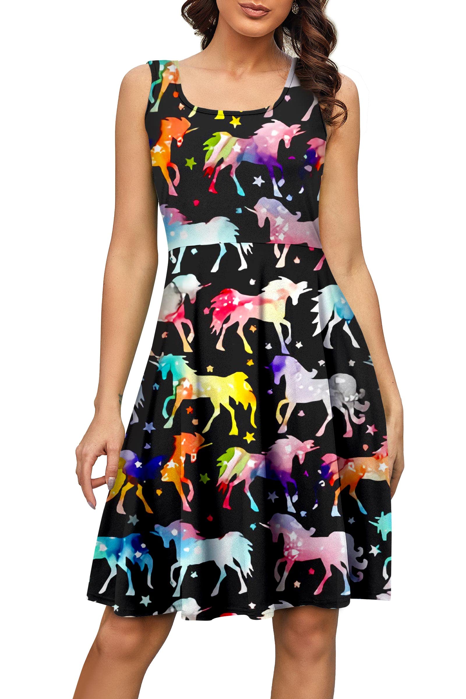 Fanient Women's Sleeveless Floral Print Sundress - Casual Scoop Neck A-Line Midi Dress for Summer, Beach, Vacation & Outdoor Activities