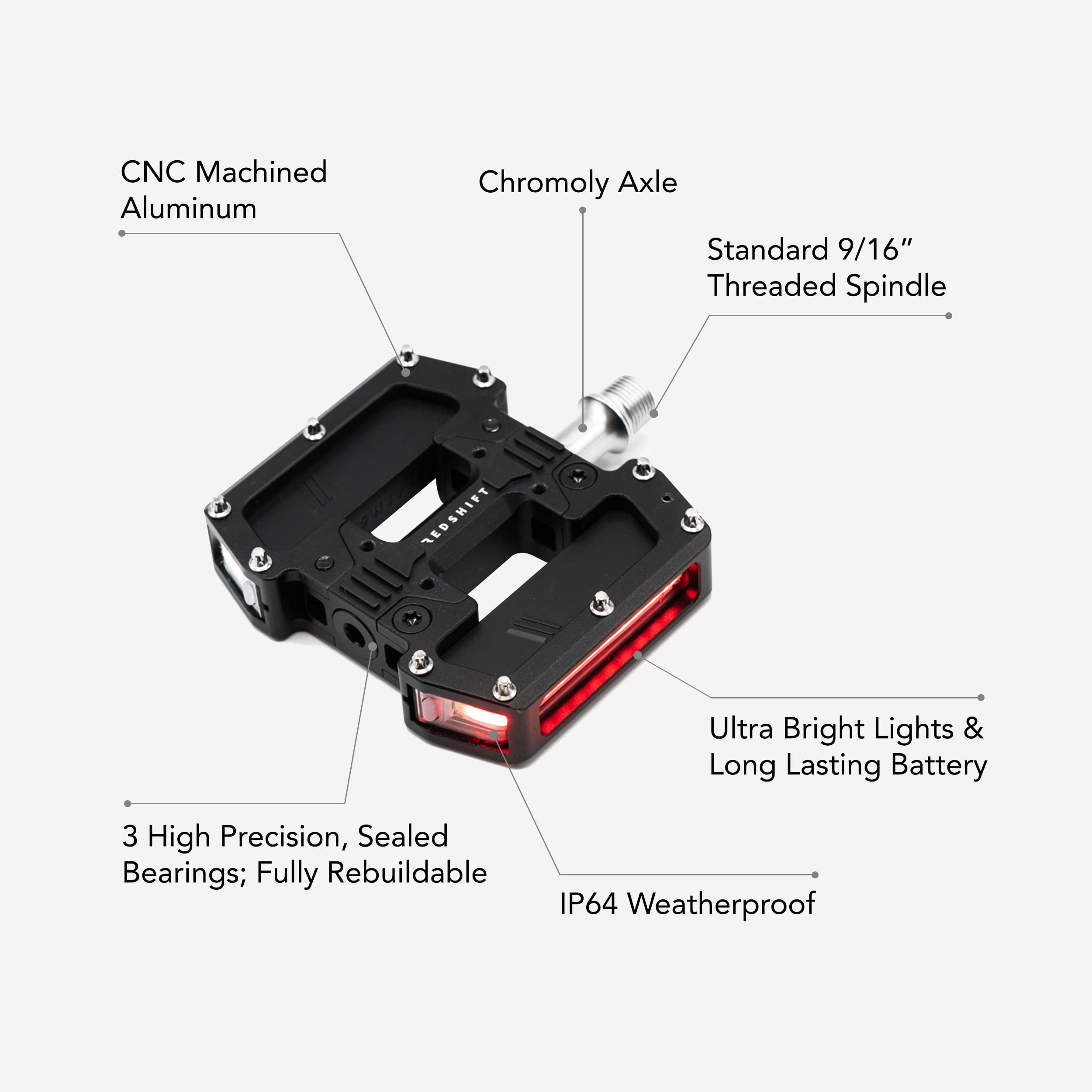 REDSHIFT ARCLIGHT PRO LED Bike Pedals - USB Rechargeable Flat Bicycle Pedals with Auto On/Off, 36+ Hour Battery, Weatherproof Aluminum Design, 9/16