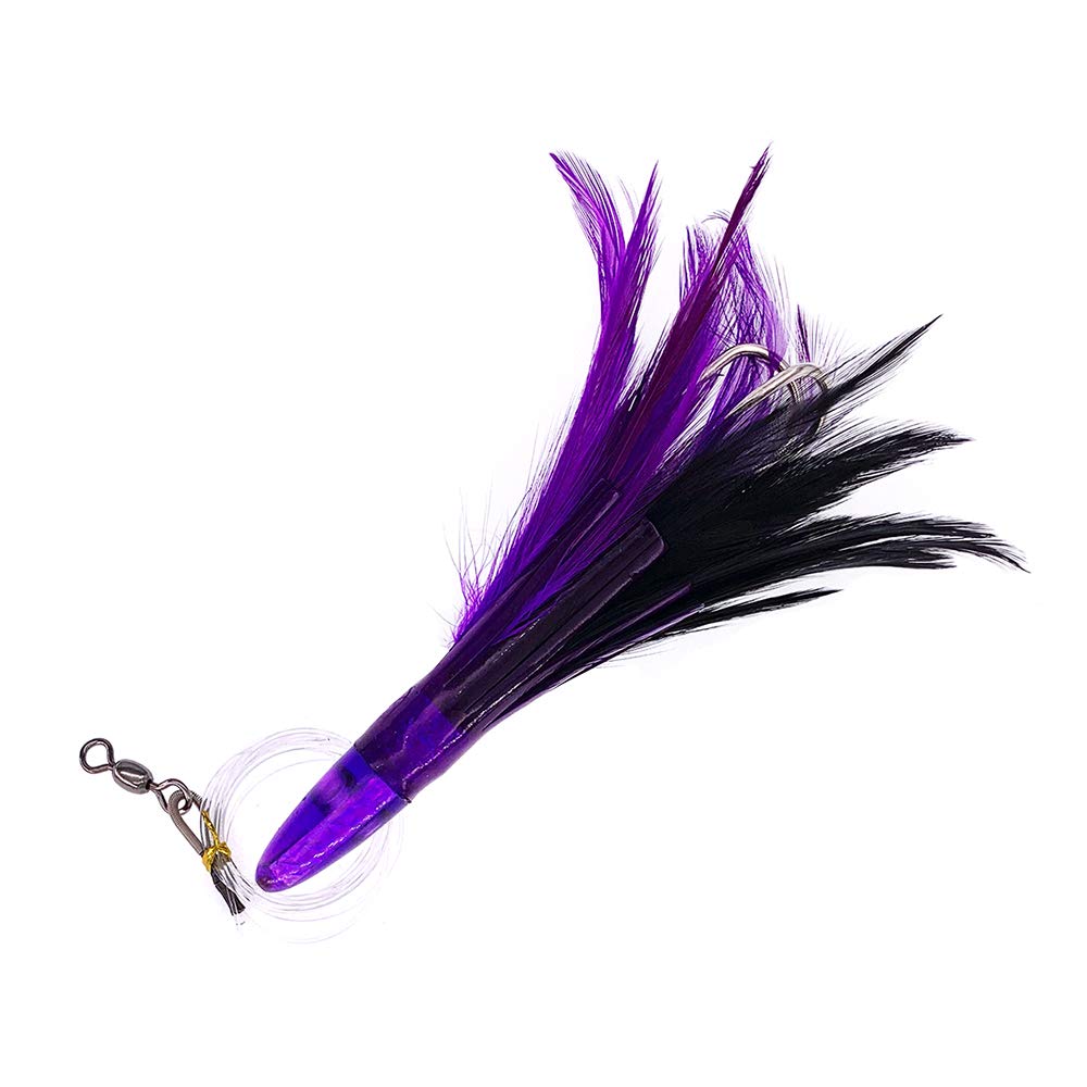 6-Piece Tuna Feathers Rigged Lures in Purple & Black - Perfect for Saltwater Fishing & Trolling