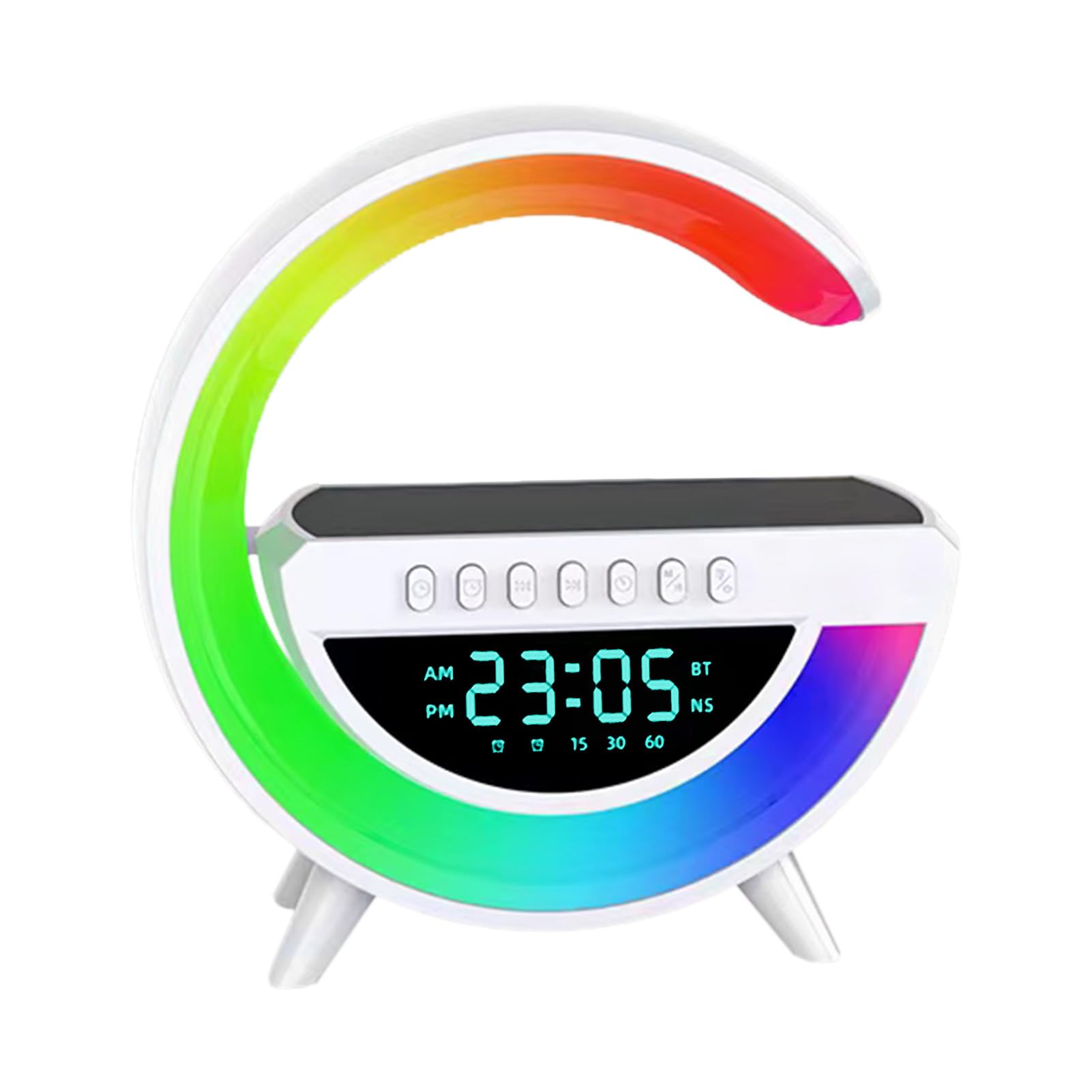 **Kaxenig Wireless Speaker with LED Night Light & Bluetooth | 10W Fast Wireless Charger | Alarm Clock & Timer | Multi-Color Bedroom Lamp for Home, Office, and Travel**    *(Use for relaxing music, ambient lighting, phone charging, and waking up gently with the alarm clock in bedrooms, offices, or while traveling.)*
