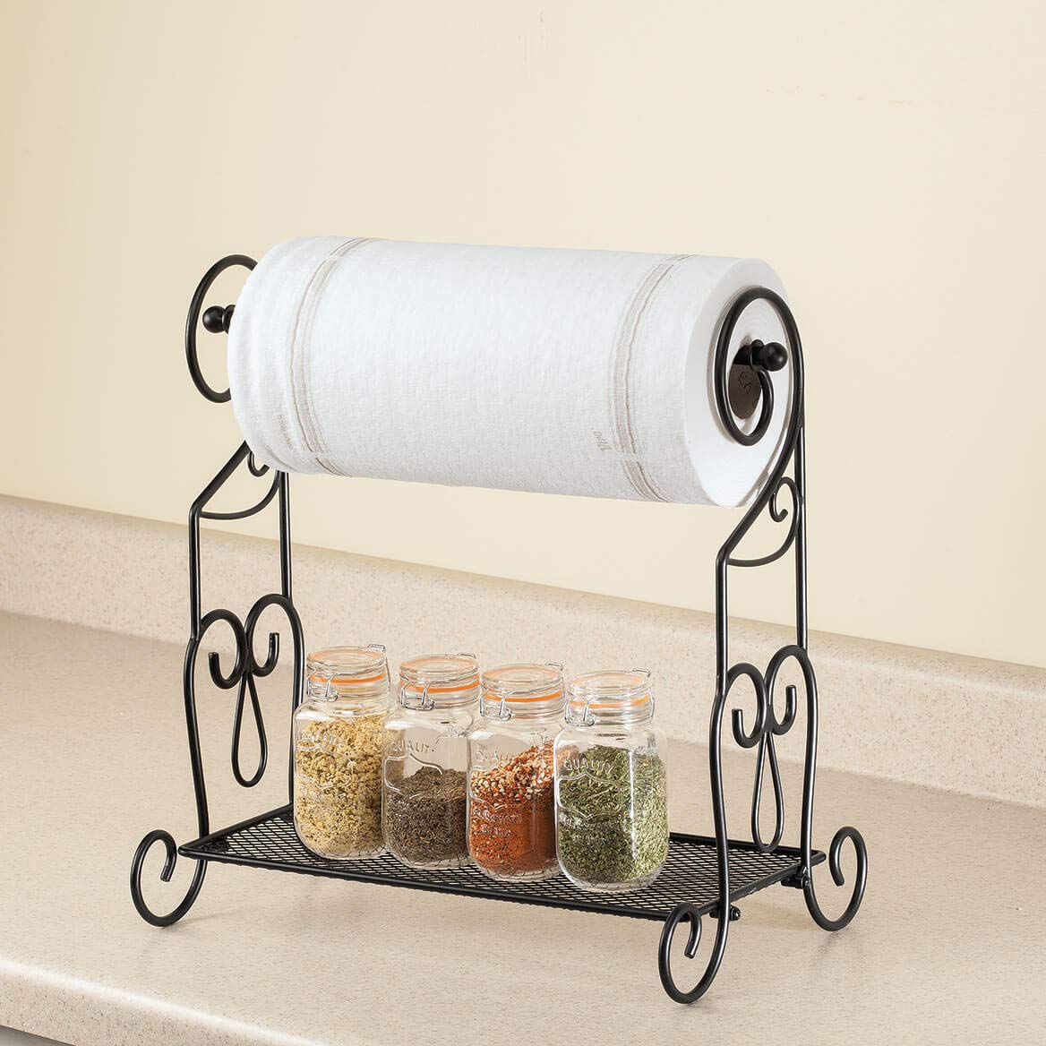 Fox Valley Traders Stainless Steel Kitchen Paper Towel Holder & Organizer Stand - Black | Space-Saving Countertop Storage for Kitchen, Bathroom, Office, RV