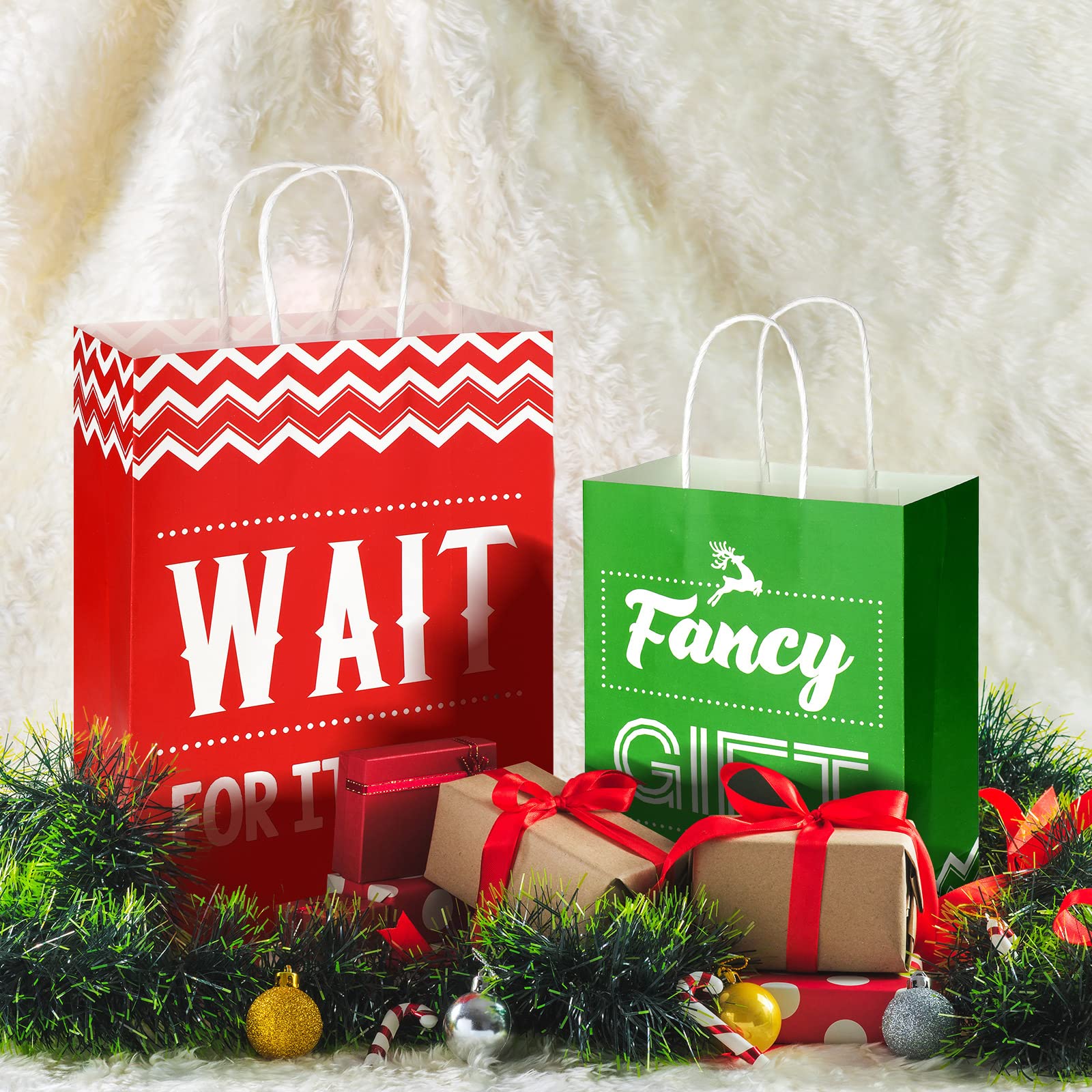 8 Pack Christmas Funny Gift Bags - Green & Red Snowflake Reindeer Design, Reusable Paper Holiday Present Pouches for Xmas, Weddings, Birthday Parties (Medium & Large Size) - Perfect for Holiday Treats, Party Favors & Festive Gift Giving