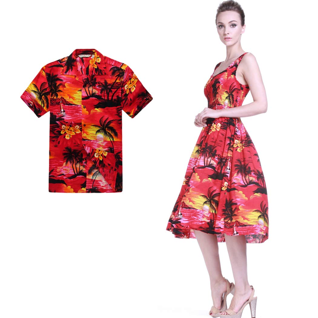 **Sunset Red Couple Matching Hawaiian Luau Aloha Shirt & Elastic Tank Dress – Tropical Vacation Outfits for Beach Parties & Summer Getaways**