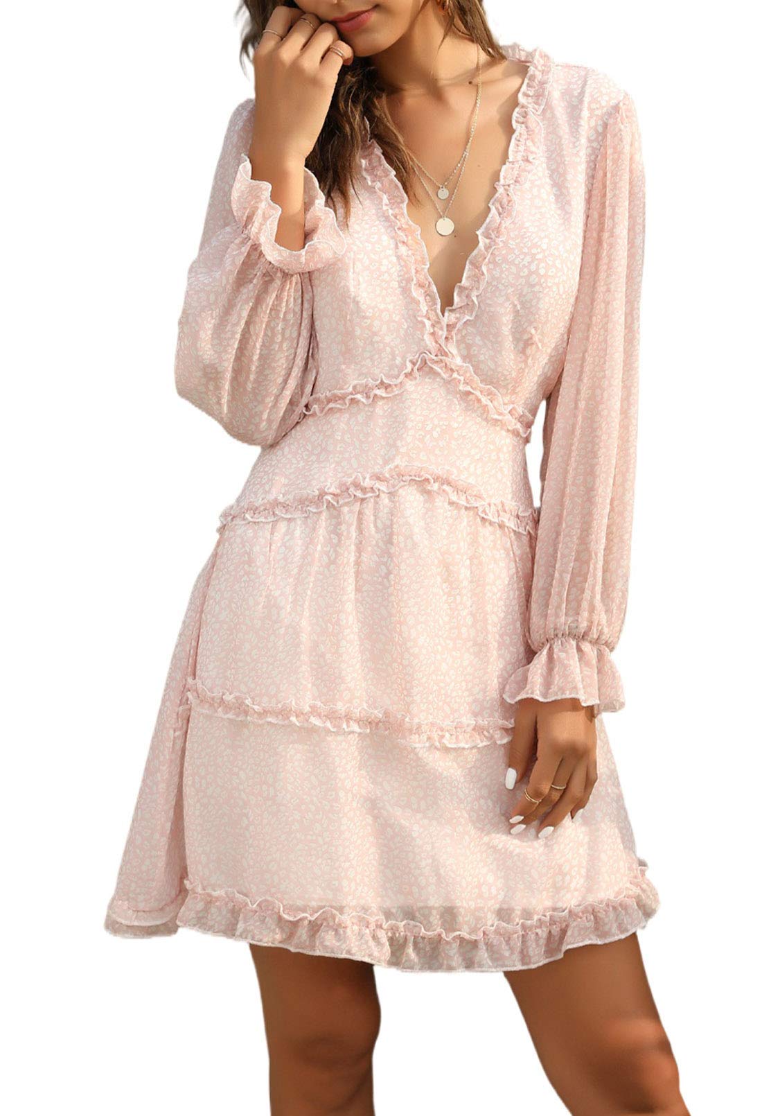 AOHITE Women's Floral Chiffon Mini Dress - Long Sleeve Ruffle V-Neck Babydoll Dress for Party, Date Night & Spring Outfits