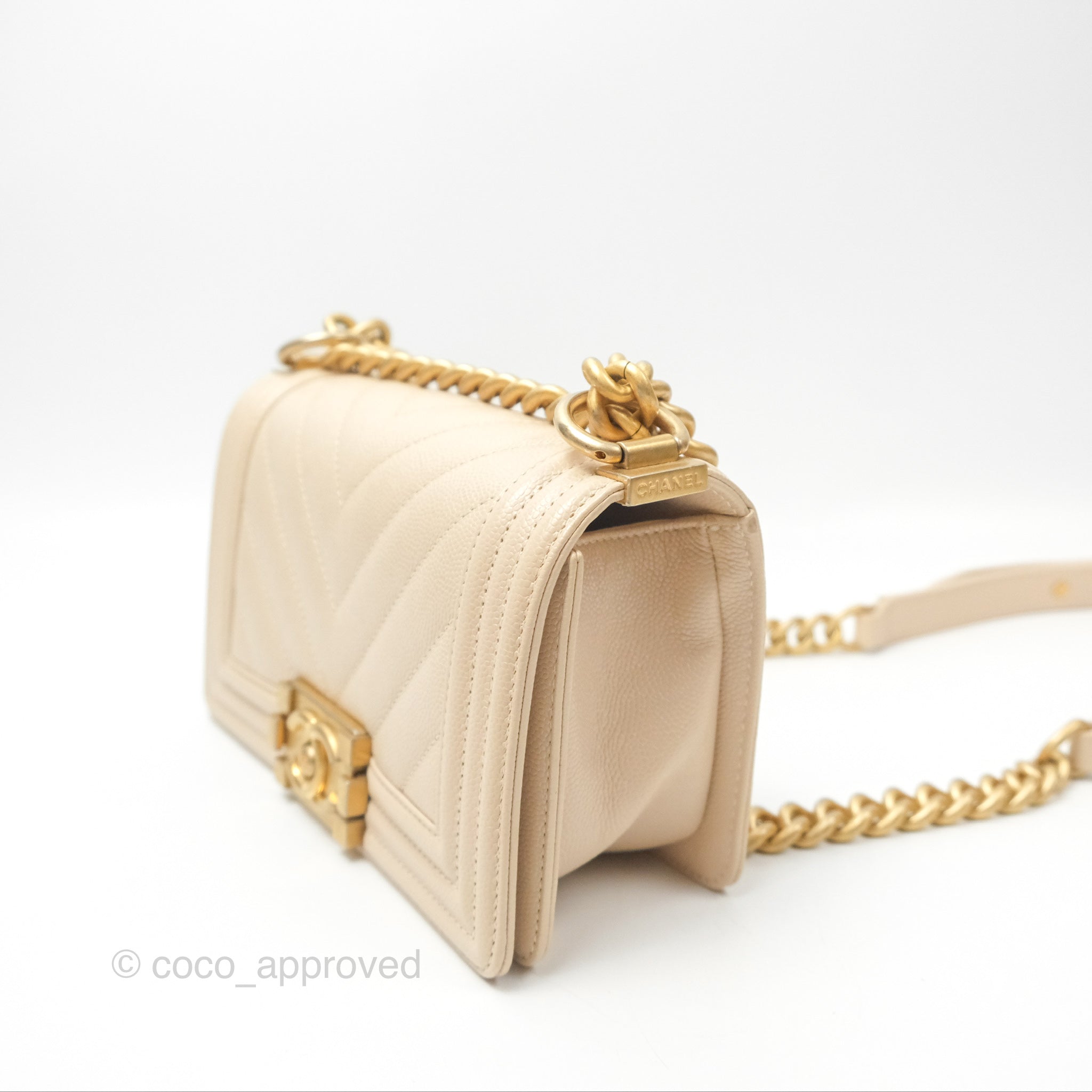 Chanel Chevron Small Boy Bag in Cream Ivory Caviar Leather with Aged Gold Hardware - Perfect for Luxury Fashion & Everyday Elegance