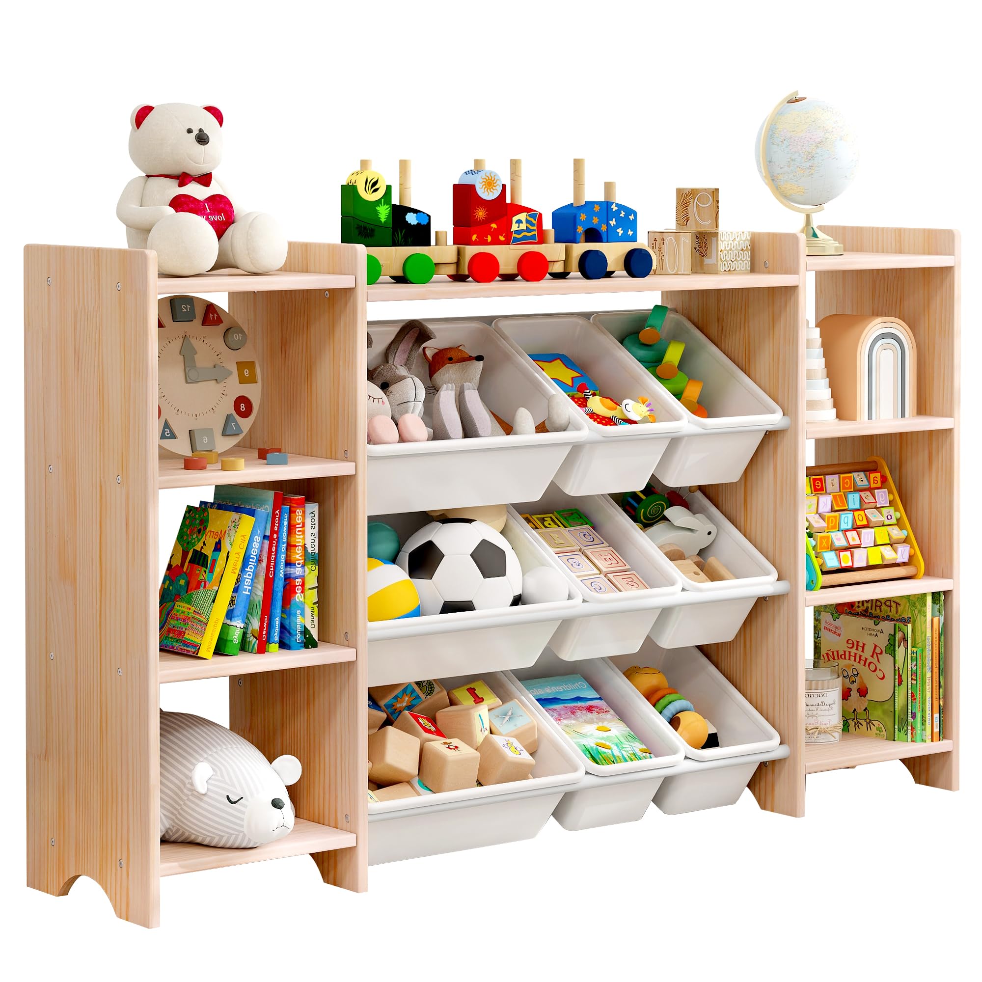 MallBest 4-Tier Kids Toy Storage Organizer Shelf - 100% Solid Wood Extra Wide Children's Storage Cabinet with 9 Plastic Bins & 6 Storage Ports | Perfect for Playroom, Bedroom & Classroom Organization