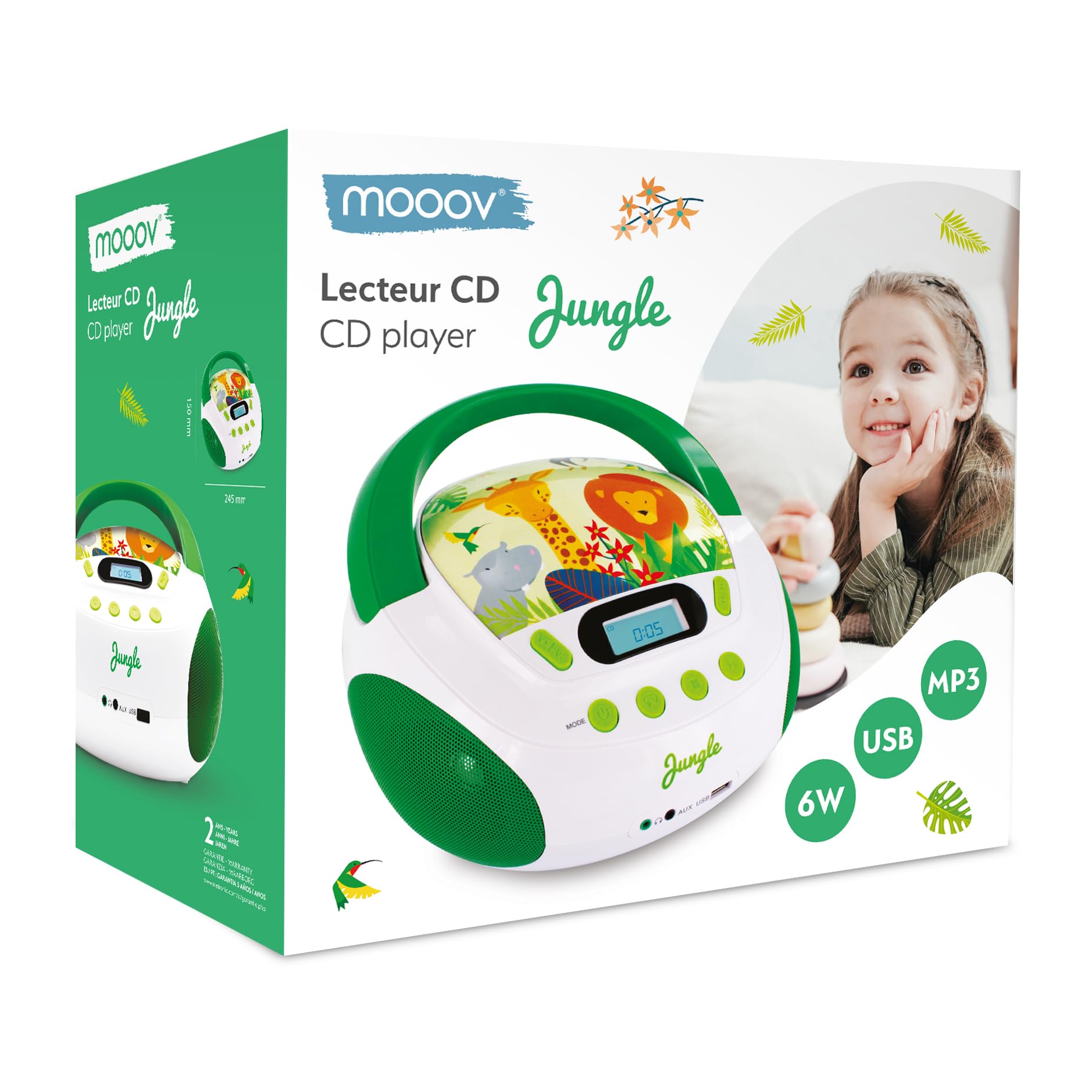 MOOOV Jungle Kids CD Player with USB & AUX-in Port - Green & White (Model 477144) - Perfect for Bedroom, Playroom & Travel Entertainment