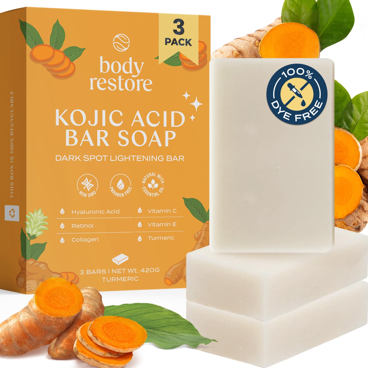 Body Restore Kojic Acid & Turmeric Soap 3-Pack - Vitamin C, E, Shea Butter, Collagen, Hyaluronic Acid & Retinol for Dark Spot Treatment - All Natural, Paraben-Free Skin Brightening Soap Bar for Face & Body - Perfect for Hyperpigmentation, Acne Scars & Uneven Skin Tone
