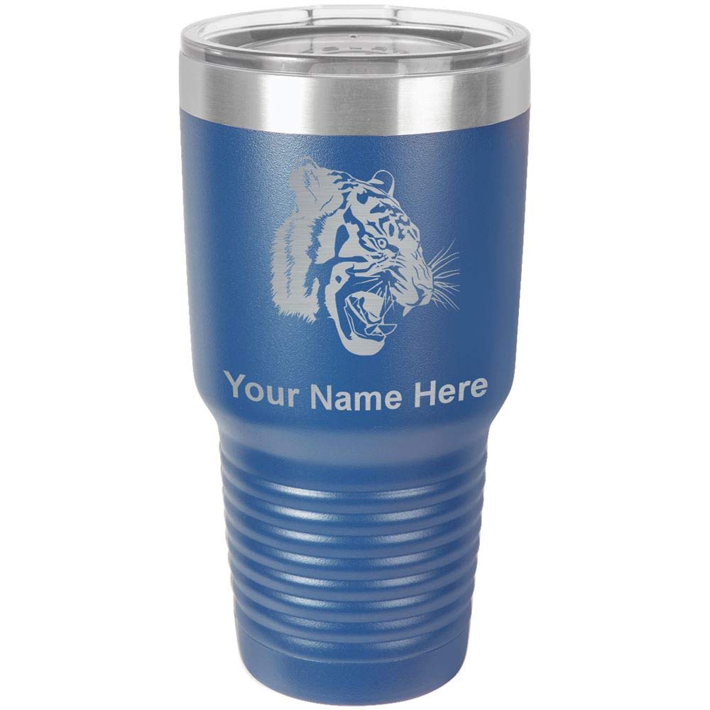 LaserGram 30oz Vacuum Insulated Stainless Steel Tumbler Mug with Tiger Head Design - Personalized Engraving, Leakproof Lid, Keeps Drinks Hot/Cold for Hours - Perfect for Office, Gym, Travel & Outdoor Adventures (Dark Blue)
