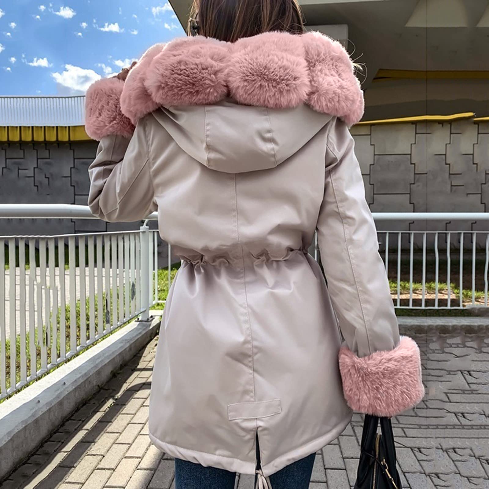 Women's Fashion Faux Fur Hooded Winter Coat - Fleece Lined Drawstring Padded Jacket with Zipper, Slim Fit Snow Suit for Cold Weather (Beige, XXXL) | Perfect for Winter Outdoor Activities, Snowboarding & Casual Wear