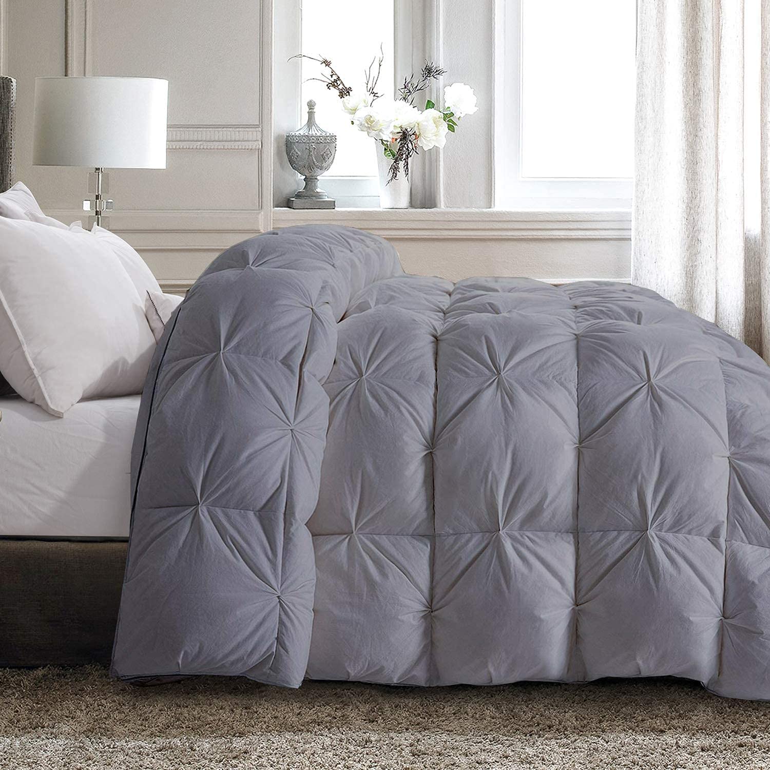 Pinch Pleated 100% Cotton Comforter - Lightweight All Season Down Alternative Bedding - Soft Quilted Cooling Comforter for Warm Weather & Hot Sleepers - Full/Queen Size in Silver Grey - Perfect for Summer Nights & Guest Rooms
