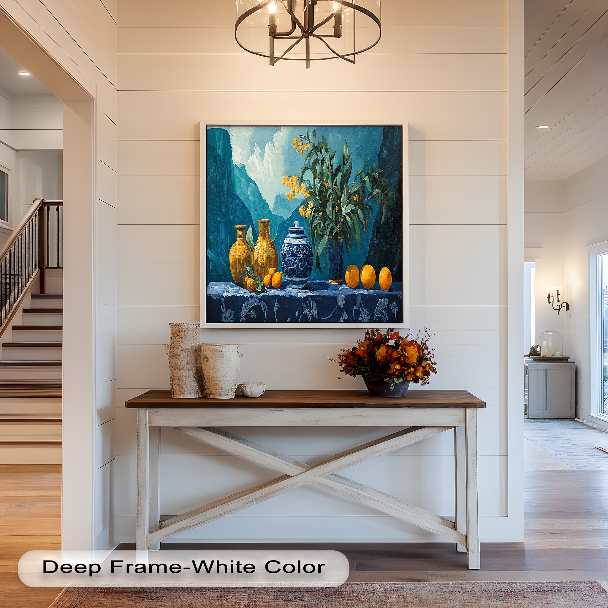 Blue & Yellow Citrus Still Life Vase - Handmade Framed Oil Painting for Home Decor, Living Room, Dining Room Wall Art