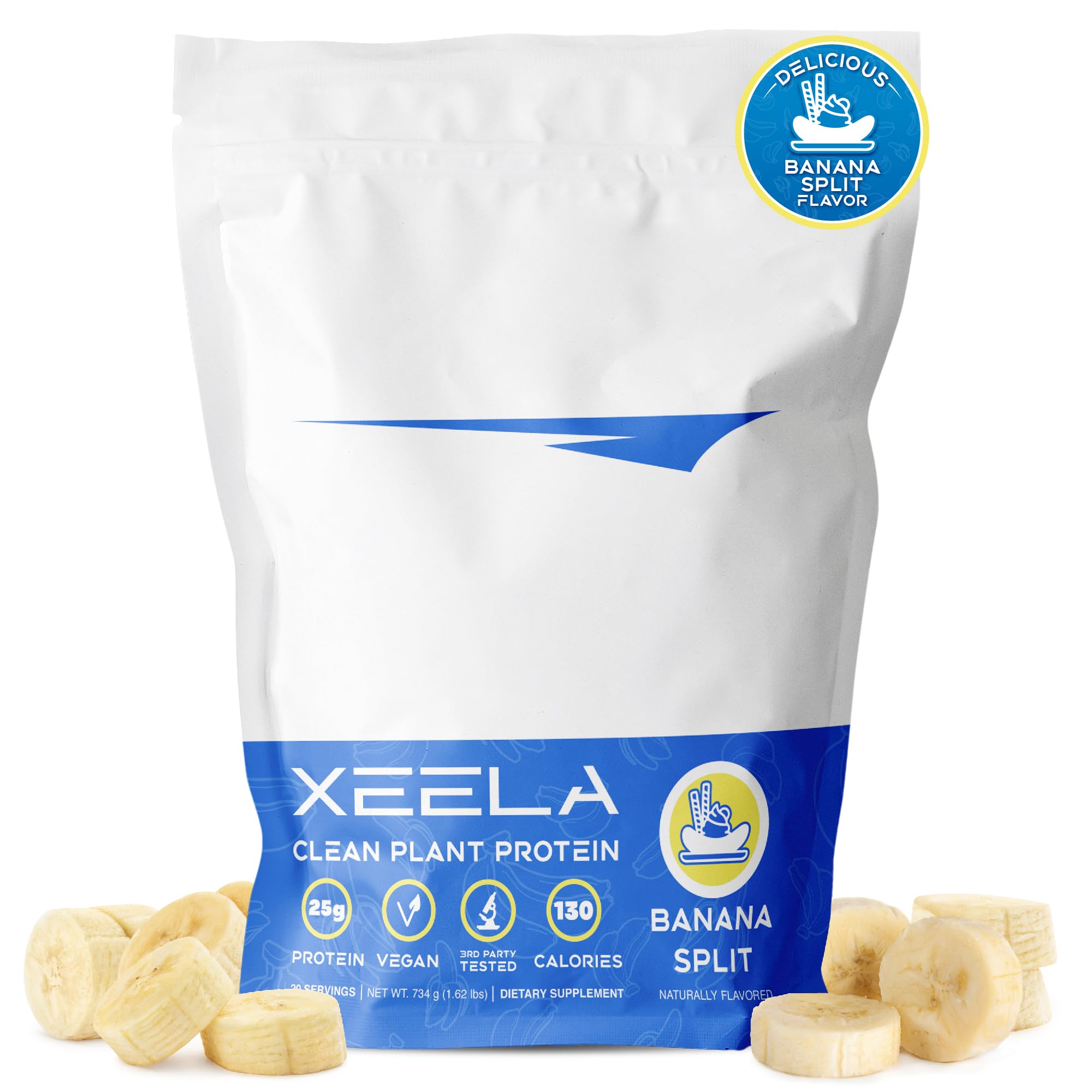 XEELA Plant Based Vegan Protein Powder - 25g High Protein, Pea Protein for Men & Women - Non GMO, Dairy & Gluten Free, Low Carb & Low Fat - Independently Lab Tested - Vitamins & Minerals (Banana Split Flavor) | Perfect for Post-Workout Recovery, Smoothies & Healthy Baking