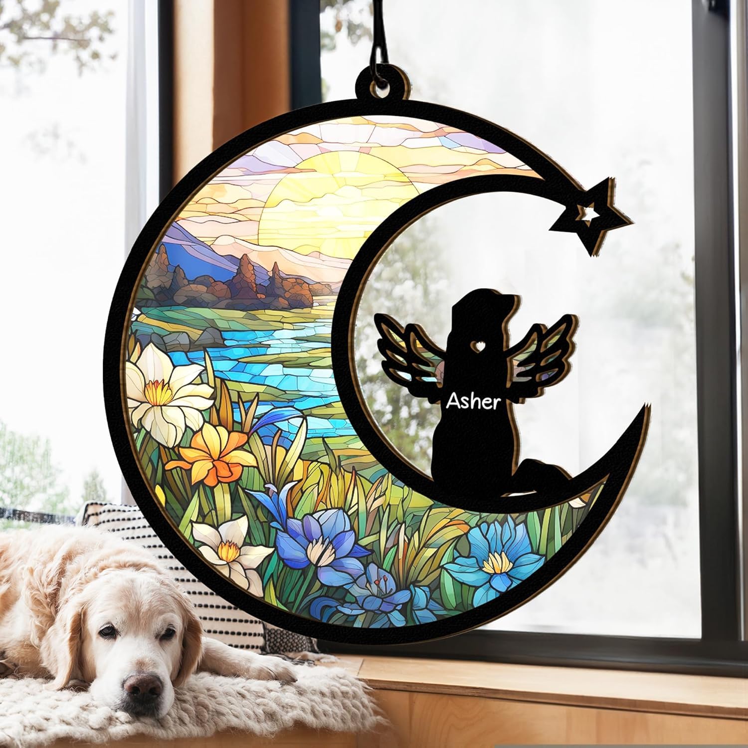 Personalized Dog Memorial Suncatcher - Custom Pet Breed & Name Engraved - Sympathy Gift for Dog Loss - Rainbow Bridge Remembrance - Perfect for Windows, Gravesites & Healing Spaces