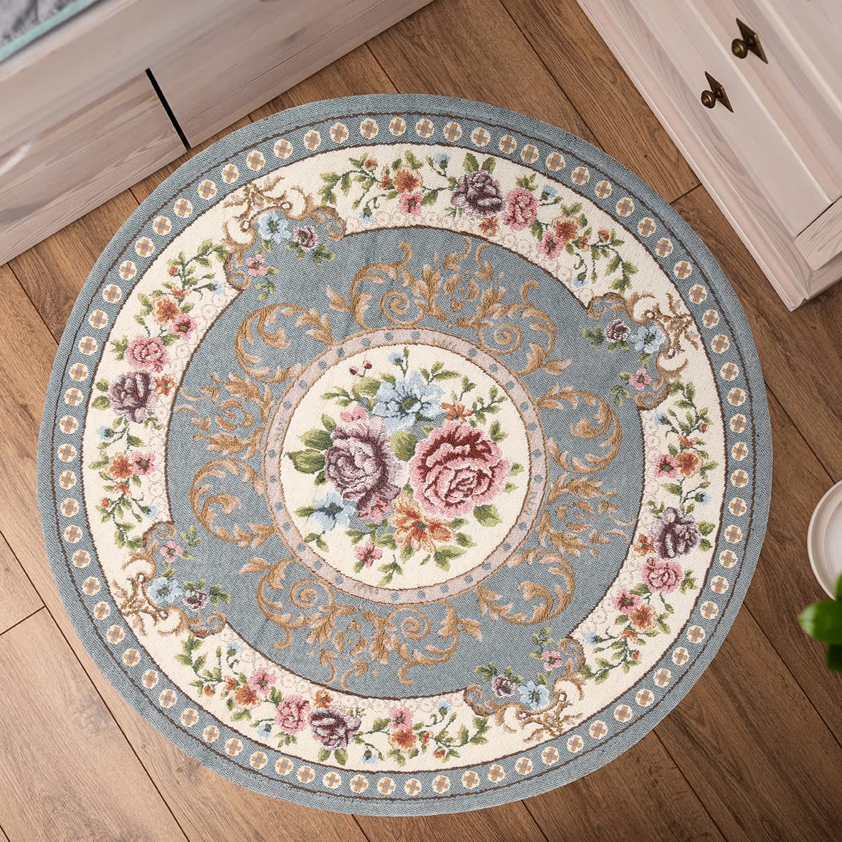 4ft Floral Round Non-Slip Area Rug - Machine Washable Sustainable Kitchen & Living Room Rug in Light Blue | Perfect for Cozy Home Decor & High-Traffic Areas