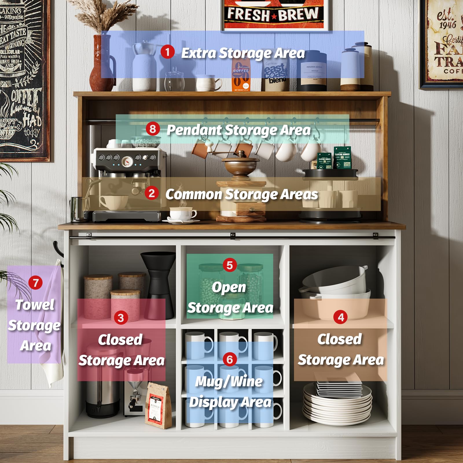 Farmhouse Coffee Bar Cabinet with 6 Hooks & 9 Wine Racks - 47