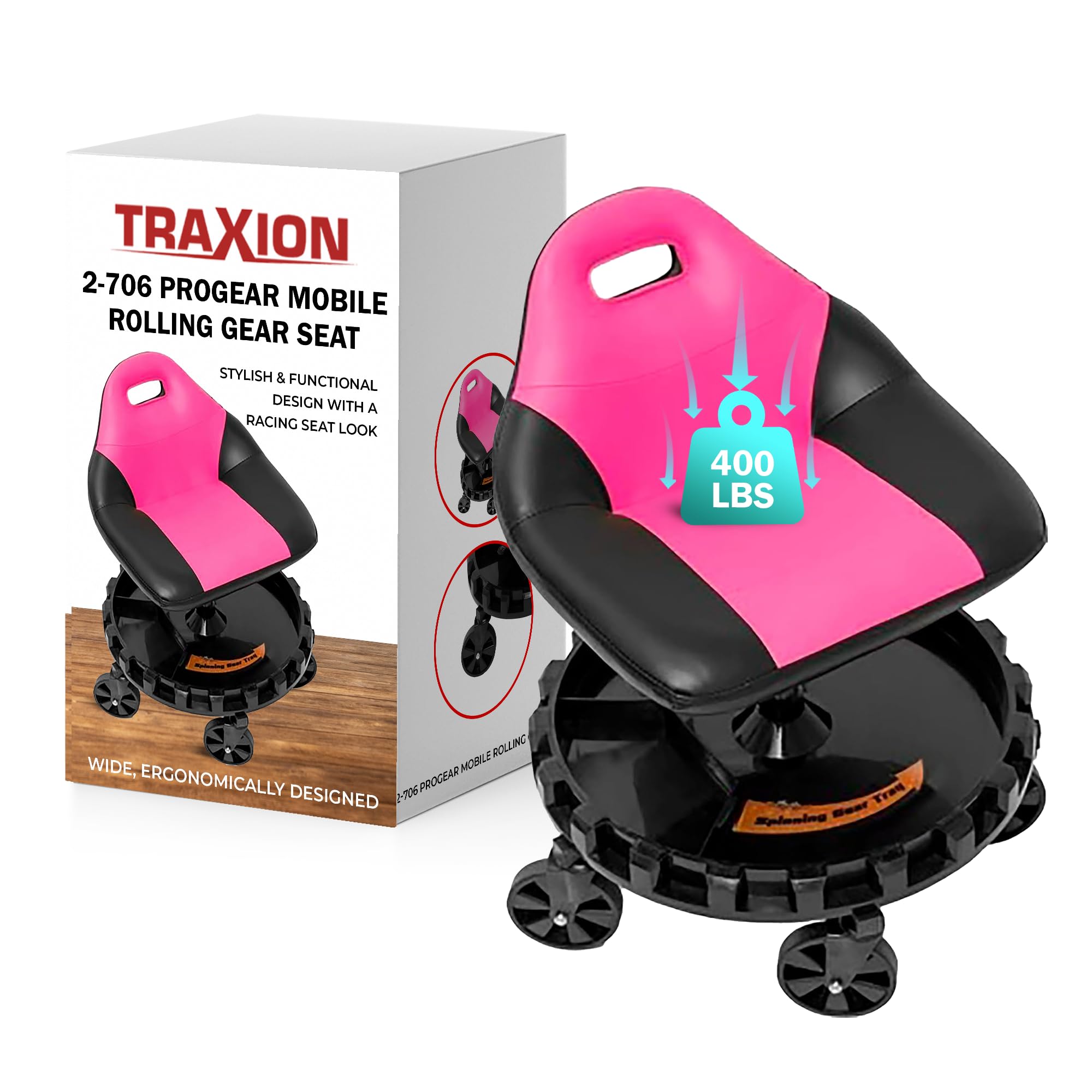 Traxion 400lb Capacity 2-706 Pink Progear Mobile Rolling Gear Seat with Black Carbon Fiber - Heavy Duty Rolling Stool for Mechanics, Warehouse, Garage & Workshop Use