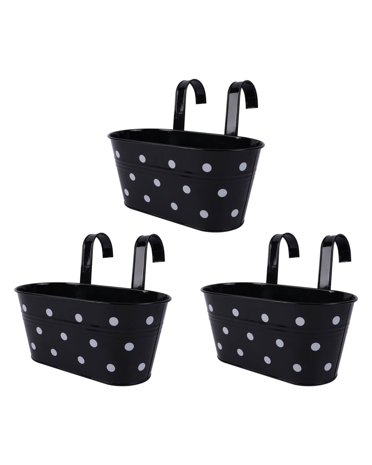 Vensovo 3-Pack Black Metal Railing Planters for Outdoor - Oval Hanging Planter Box with Detachable Hooks & Drain Holes - Perfect for Balcony, Garden Fence & Deck Decor (Spot Design)