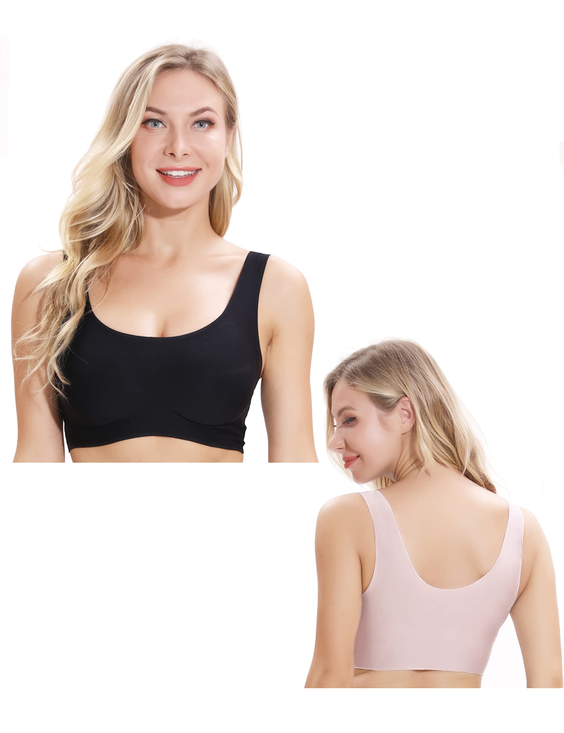 BAILIAN 2 Pack Seamless Wireless Sports Bras for Women - Comfortable Low-Impact Yoga Bras, No Underwire Everyday Bralette for Gym, Lounge & Daily Wear