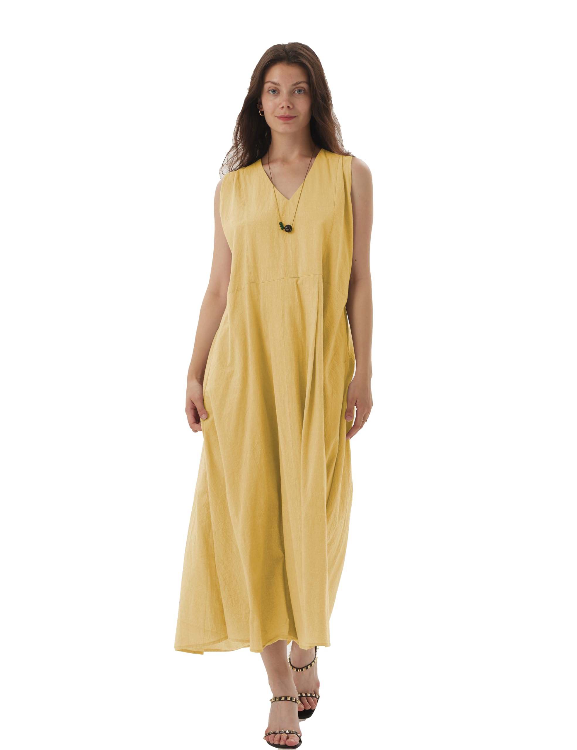Women's Summer Sleeveless V-Neck Linen Dress - Minimalist Casual Solid Yellow Sundress for Beach Vacation & Outdoor Parties (Size S)