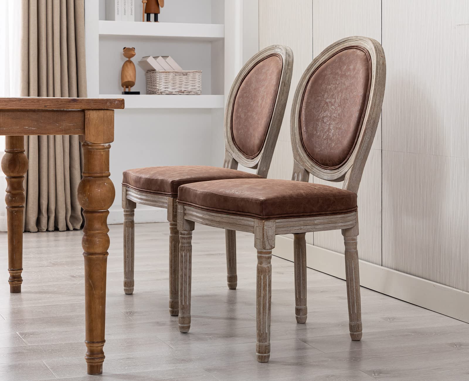 Premium PU Leather Dining Chairs Set of 2 - French Country Farmhouse Style Round Back Kitchen & Living Room Seating - Brown - Perfect for Home Decor, Entertaining & Comfortable Daily Use