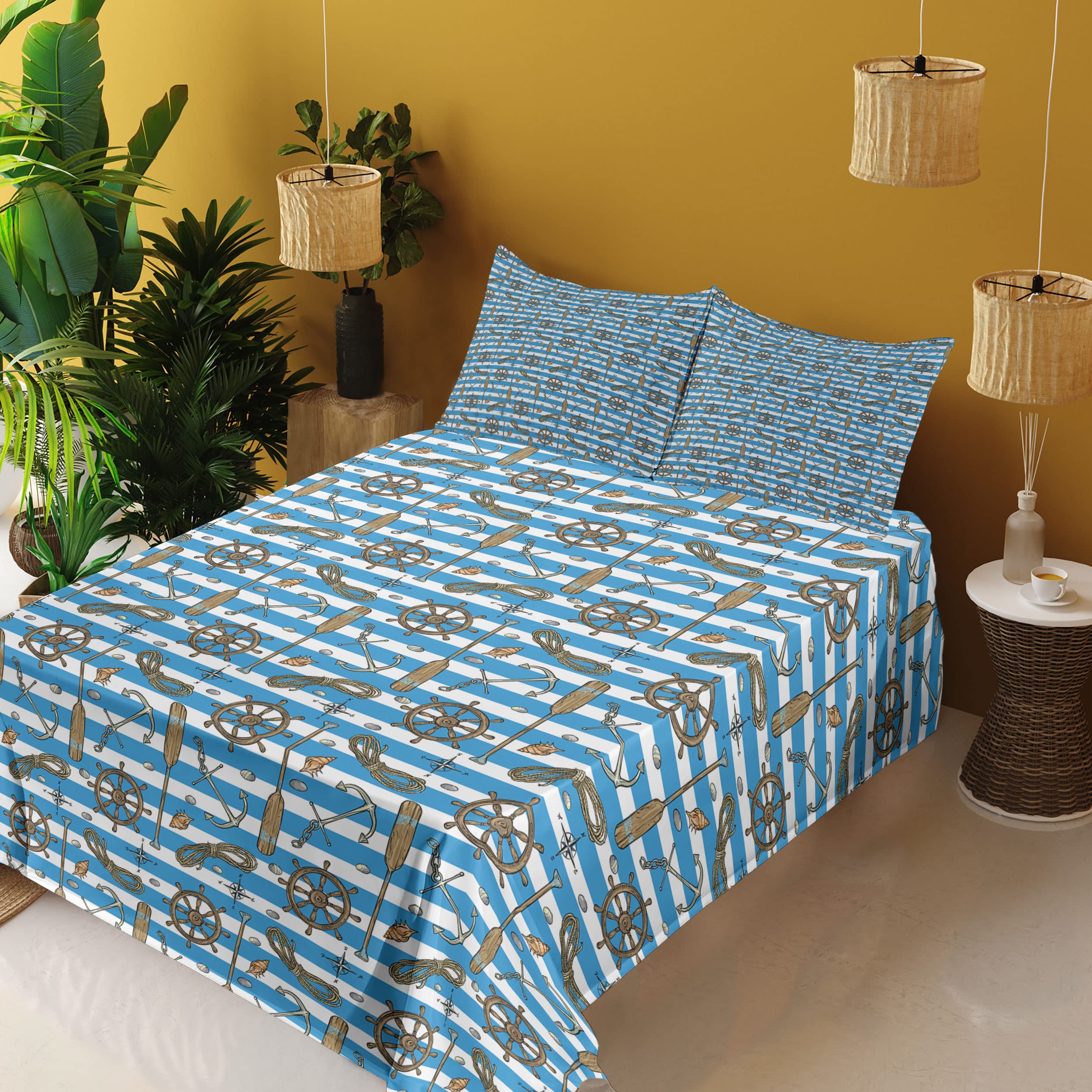 Ambesonne Nautical Queen Size 4-Piece Sheet Set - Sailor Stripes Design with Fitted Sheet, Flat Sheet & 2 Pillowcases - Cruise & Maritime Themed Bedding in Brown Blue White | Perfect for Beach House, Boat Cabin or Nautical Nursery Decor
