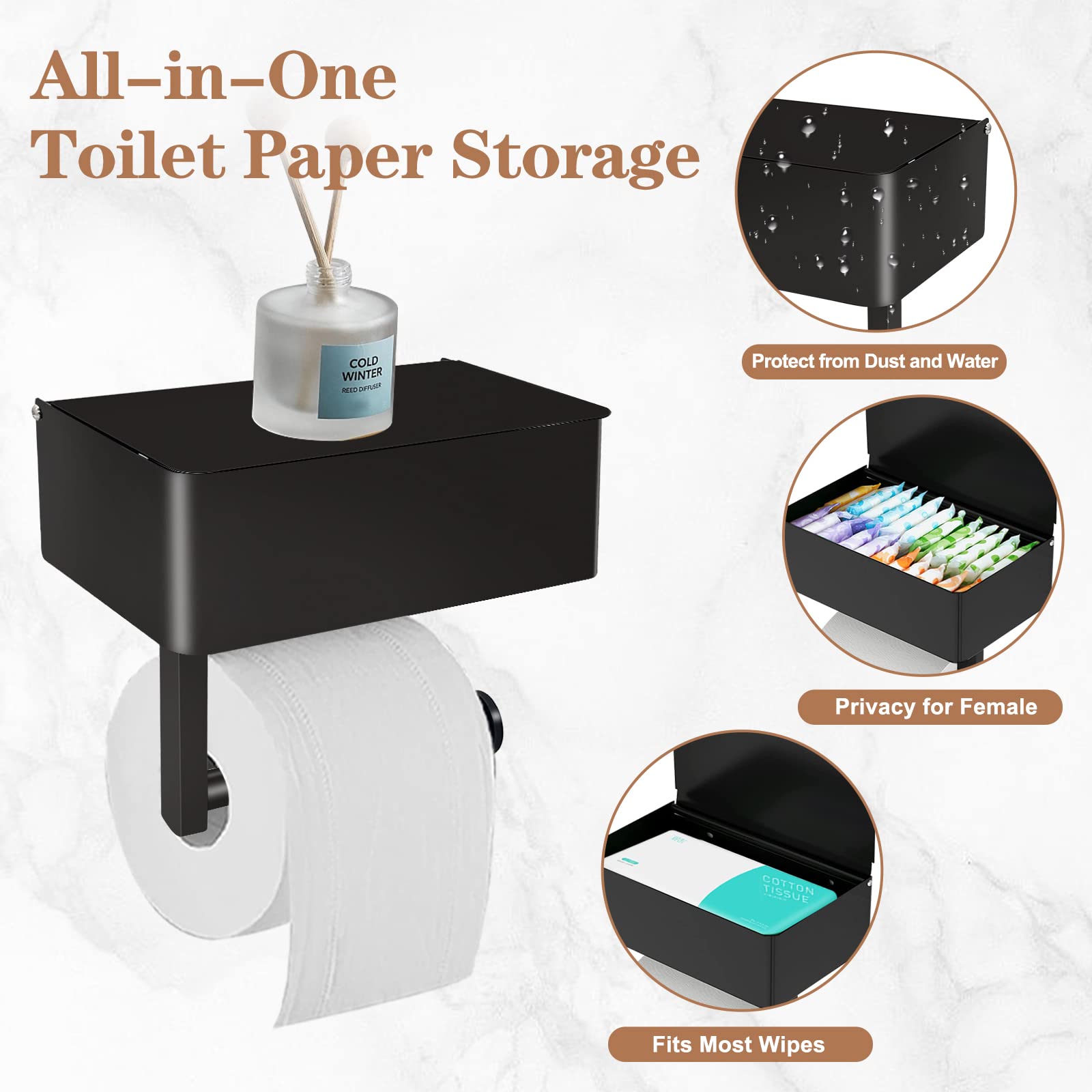 Stainless Steel Toilet Paper Holder with Shelf & Wipes Dispenser - Wall Mount No Drill Bathroom Storage Organizer for Toilet Paper Rolls - Matte Black - Perfect for Modern Bathrooms & Powder Rooms