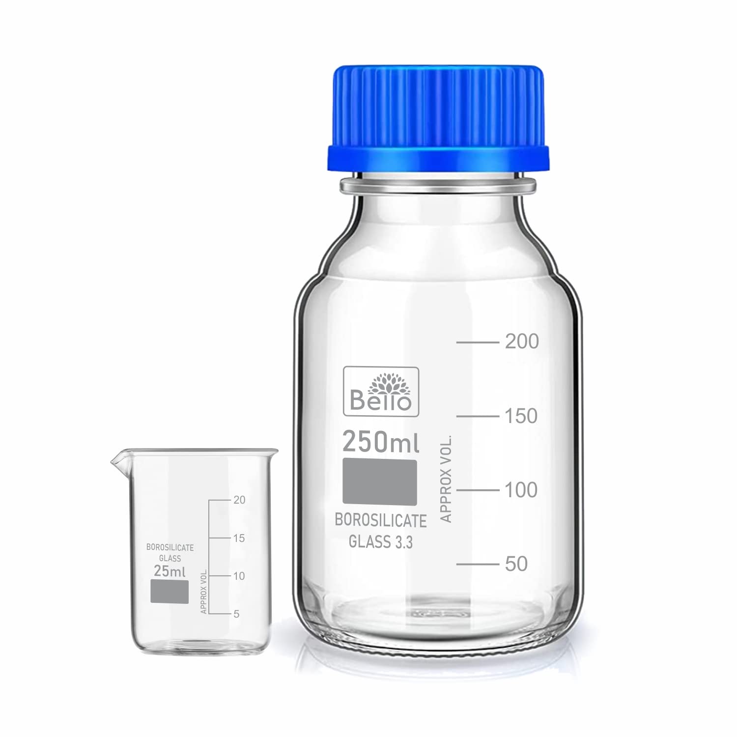 Bello Borosilicate Glass Measuring Beaker 25ml & 250ml with Leak-Proof Blue Screw Cap - 2-Pack for Chemical Lab, Laboratory, Kitchen & Professional Use | Perfect for Precise Liquid Measurement, Mixing Solutions & Cooking Ingredients