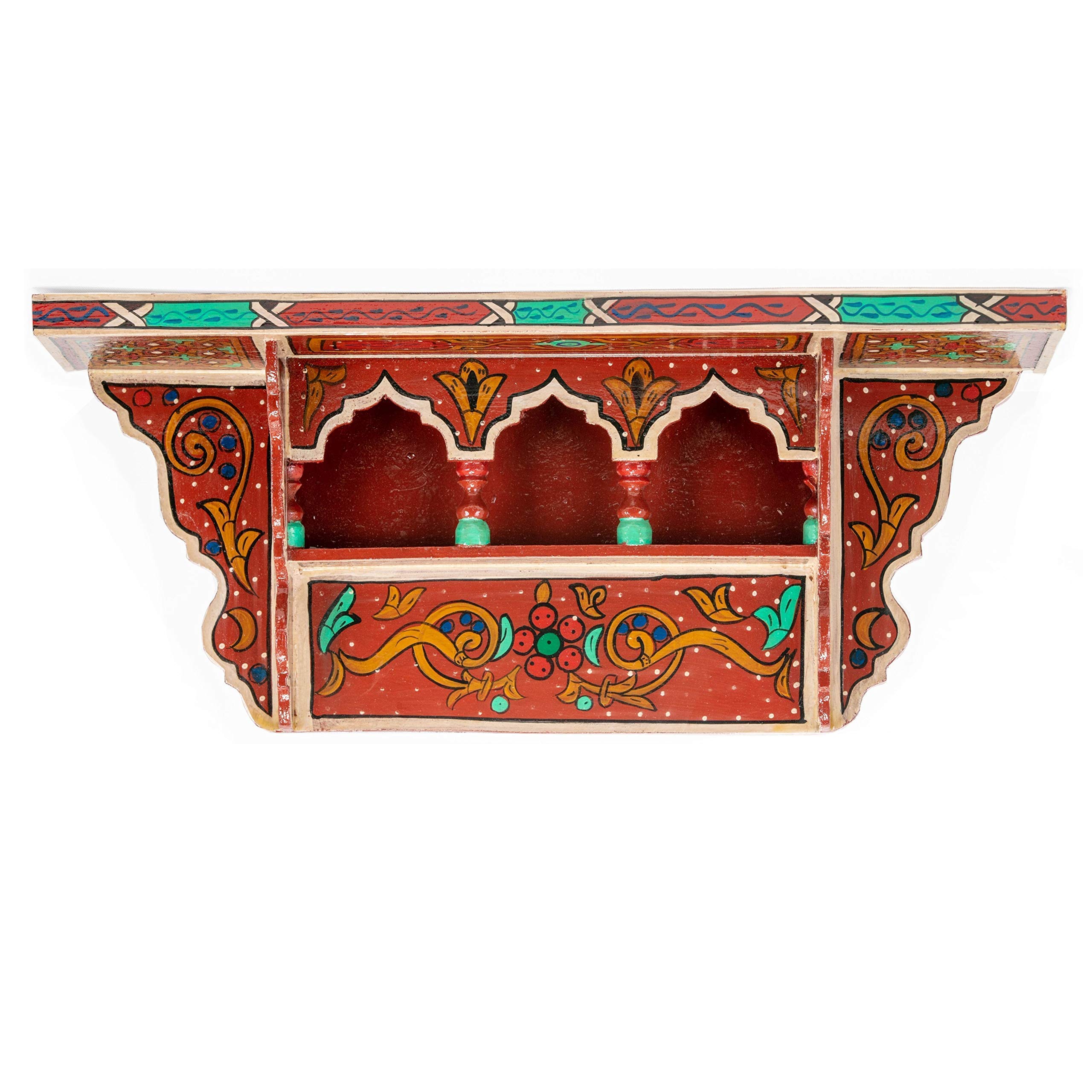 Vintage Floating Wood Spice Rack - Essential Oil Shelf, Book Display & Wall Mount Coat Hanger - Green Painted Triangle Shelf (Red Brick) for Kitchen, Bathroom & Living Room Organization