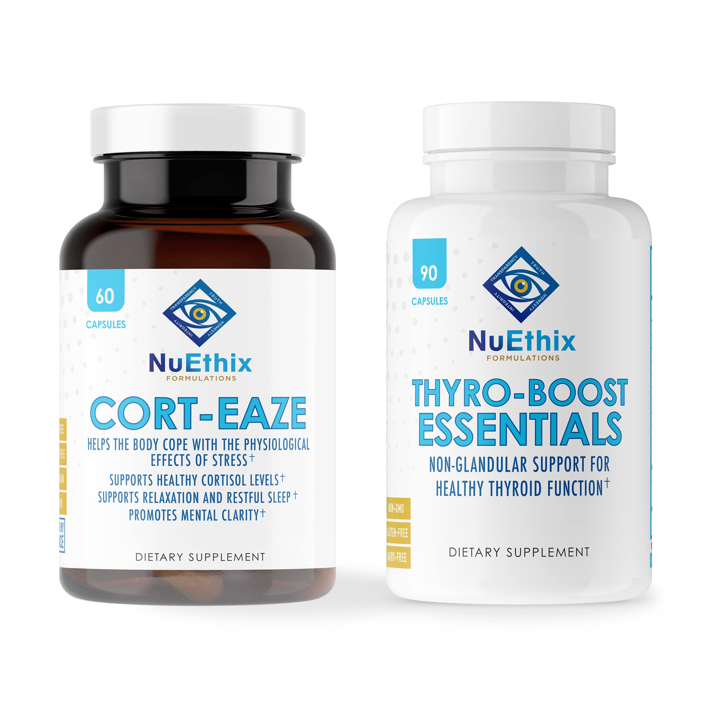 NuEthix Formulations Cortisol & Thyroid Support Supplement Bundle - Cort-Eaze Cortisol-Control (60 Capsules) & Thyro-Boost Essentials (90 Capsules) for Stress Relief & Metabolism Support - Perfect for Busy Professionals & Health-Conscious Individuals