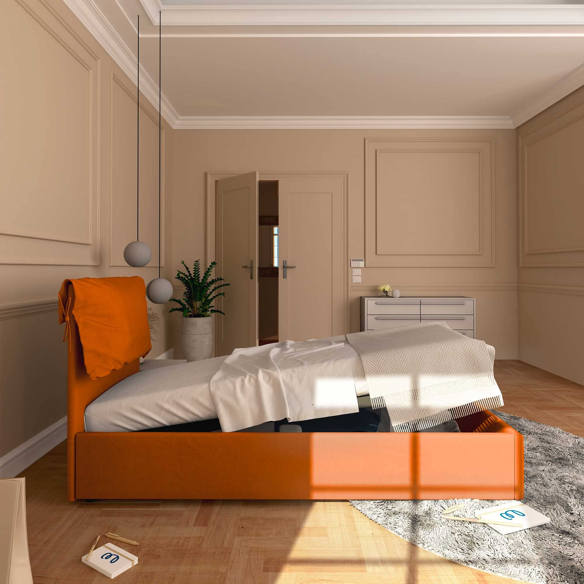Baldiflex Single Bed with Storage - Licia Soft Synthetic Leather Upholstery, Slatted Frame for Single Mattress, 80 x 200 cm, Finely Padded Headboard, Orange - Perfect for Small Bedrooms, Guest Rooms & Studio Apartments