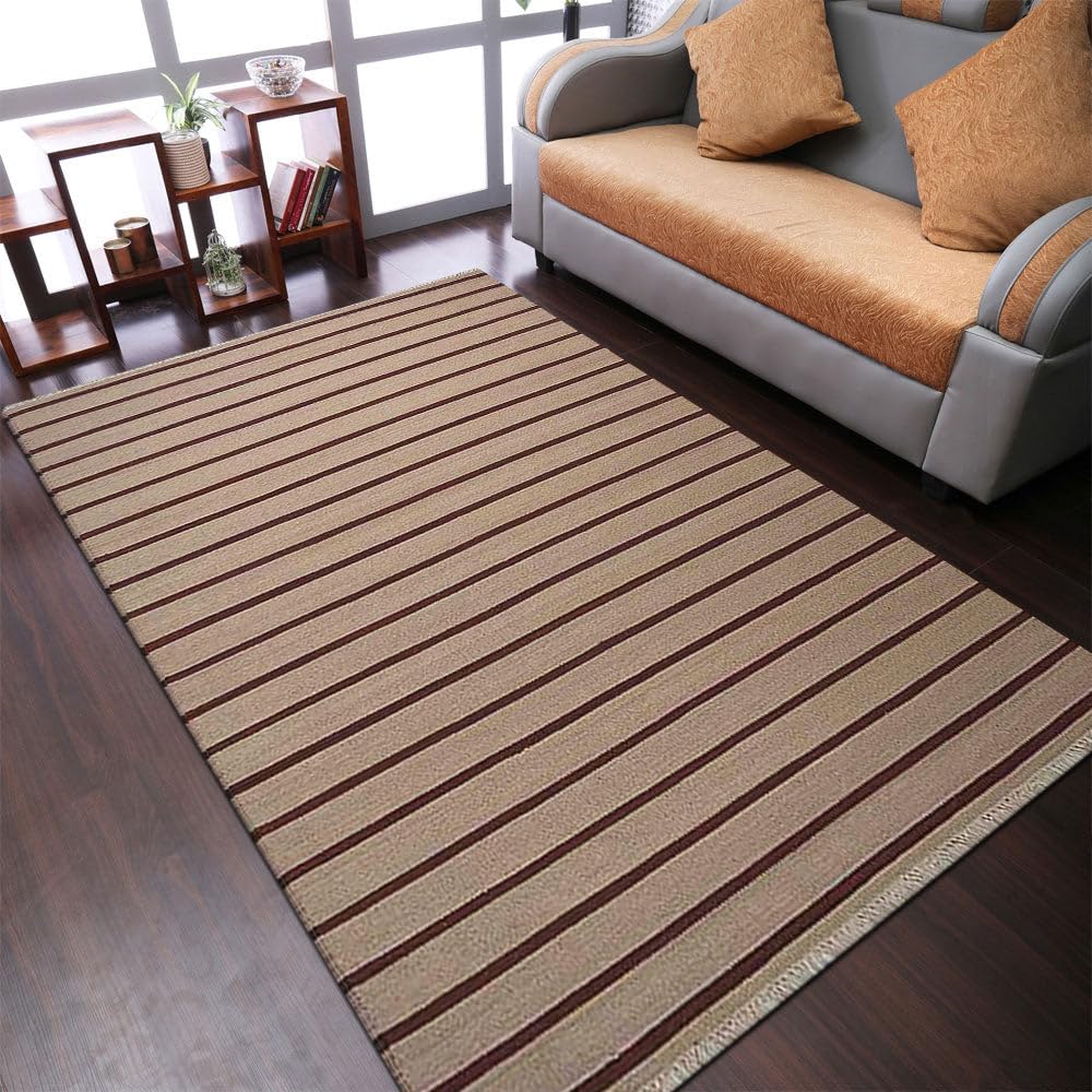 Handmade Flat Weave Kilim Wool Area Rugs - 7'x9' Rectangle Eco-Friendly Low Pile Carpet in Cream & Red, Contemporary Modern Design for Living Room, Bedroom & Home Decor | D00118