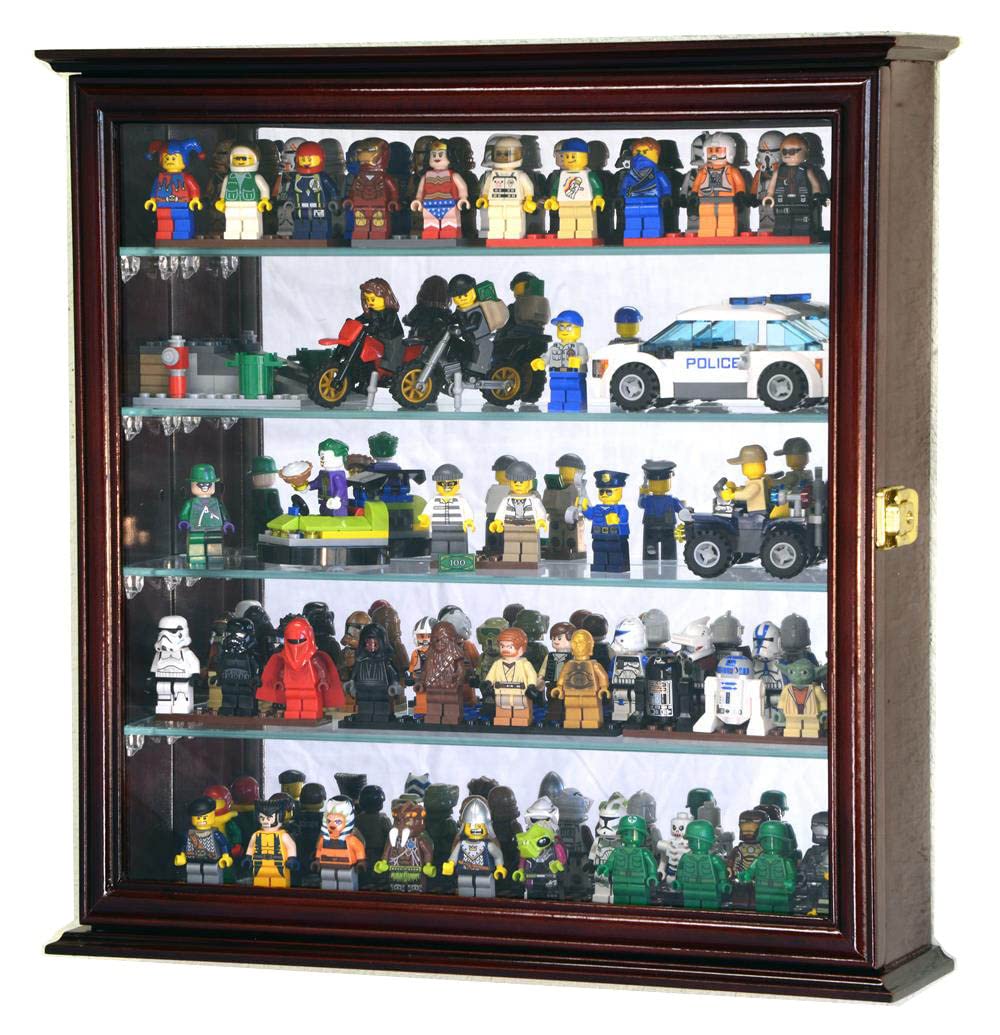 4 Adjustable Shelves Mirrored Display Case Cabinet for Men's Minifigures & Collectibles - Cherry Finish - Perfect for Home Office, Gaming Room, or Gift Display