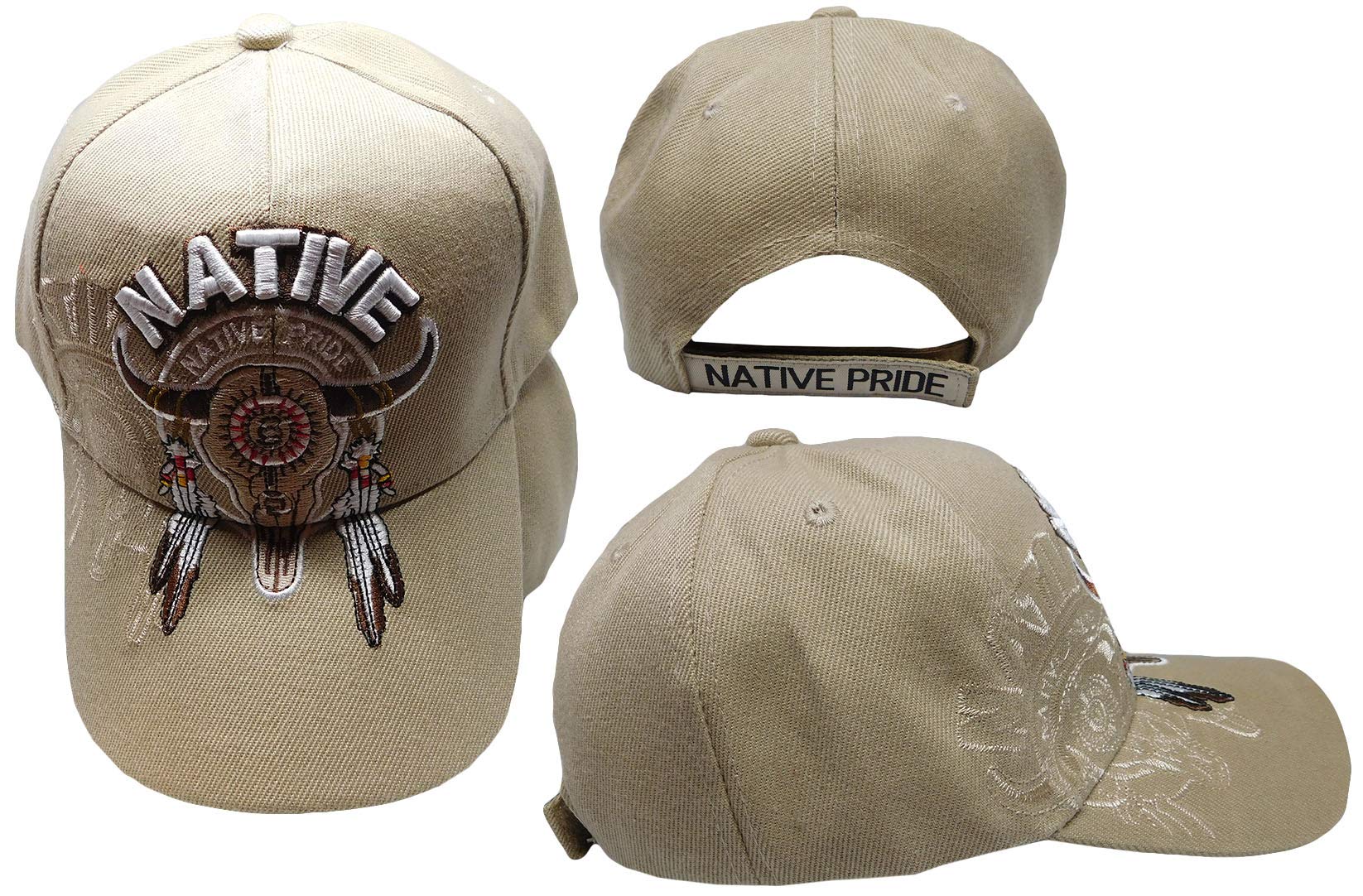Native Pride Indian Buffalo Skull Dreamcatcher Embroidered Adjustable Cap - Polyester Khaki Hat with Shadow Design - Perfect for Festivals, Powwows & Western Fashion