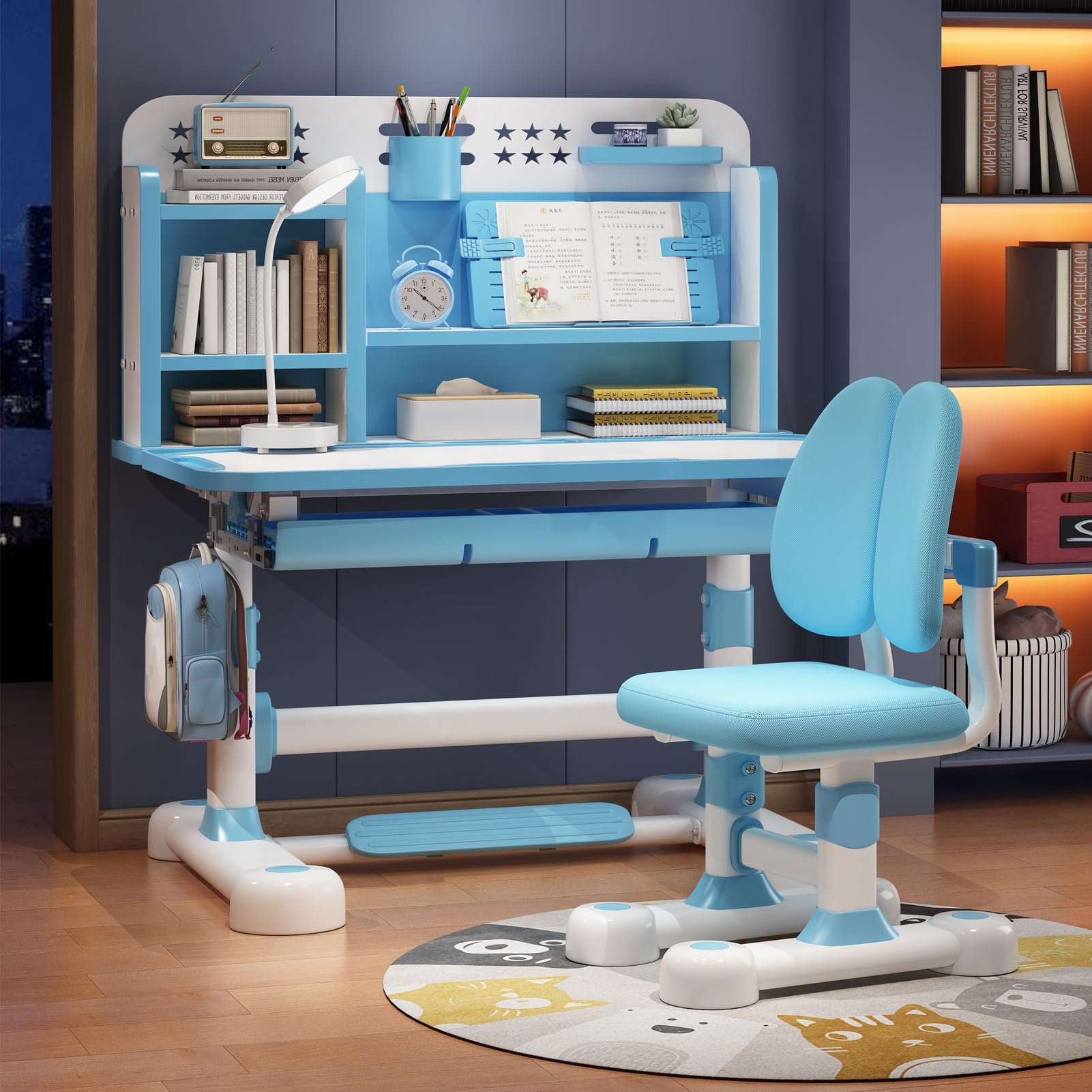 Adjustable Kids Desk and Chair Set - Ergonomic Study Table with Book Stand & Foot Pedal for Children - Blue Height-Adjustable Student Desk for Home Schooling, Online Learning & Homework Station