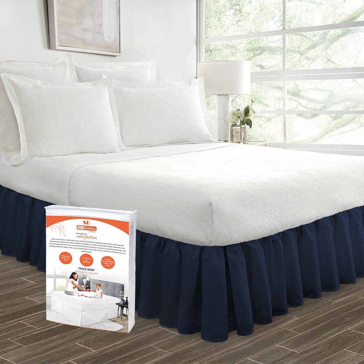 18 Inch Ruffled Bedskirt - Microfiber Dust Ruffle with Extra Storage Space | Fade, Wrinkle & Static Resistant | King Size Navy Blue Bed Skirt for Master Bedroom & Guest Room Decor