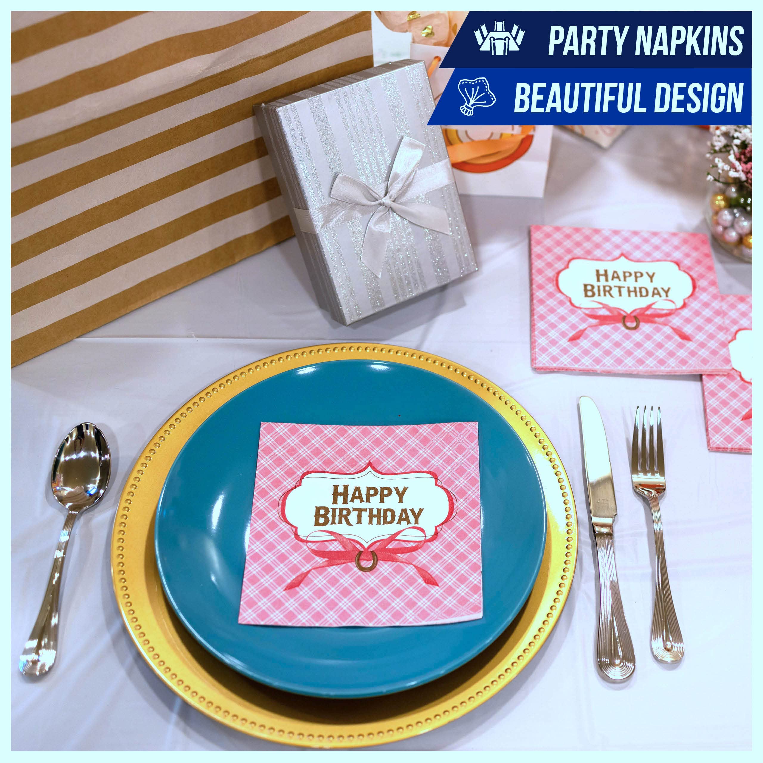 Premium Iconikal Dinner Party Paper Napkins - Happy Birthday Horseshoe Design - 48 Count Pack - Perfect for Birthday Parties, Weddings & Special Events